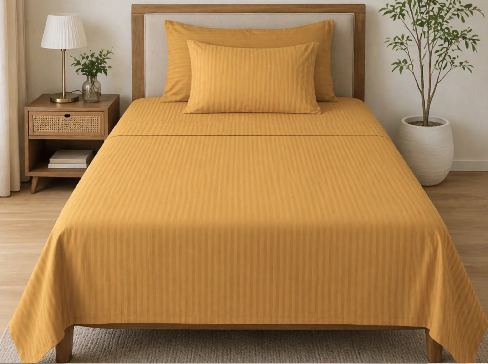 Yellow - Linen & Loom Elegance Series (60x90 inches) Bedsheet with 1 Pillow Cover | Luxury Striped Cotton Blend Bedsheet Set | Soft, Breathable & Hotel-Style Finish | TC 200