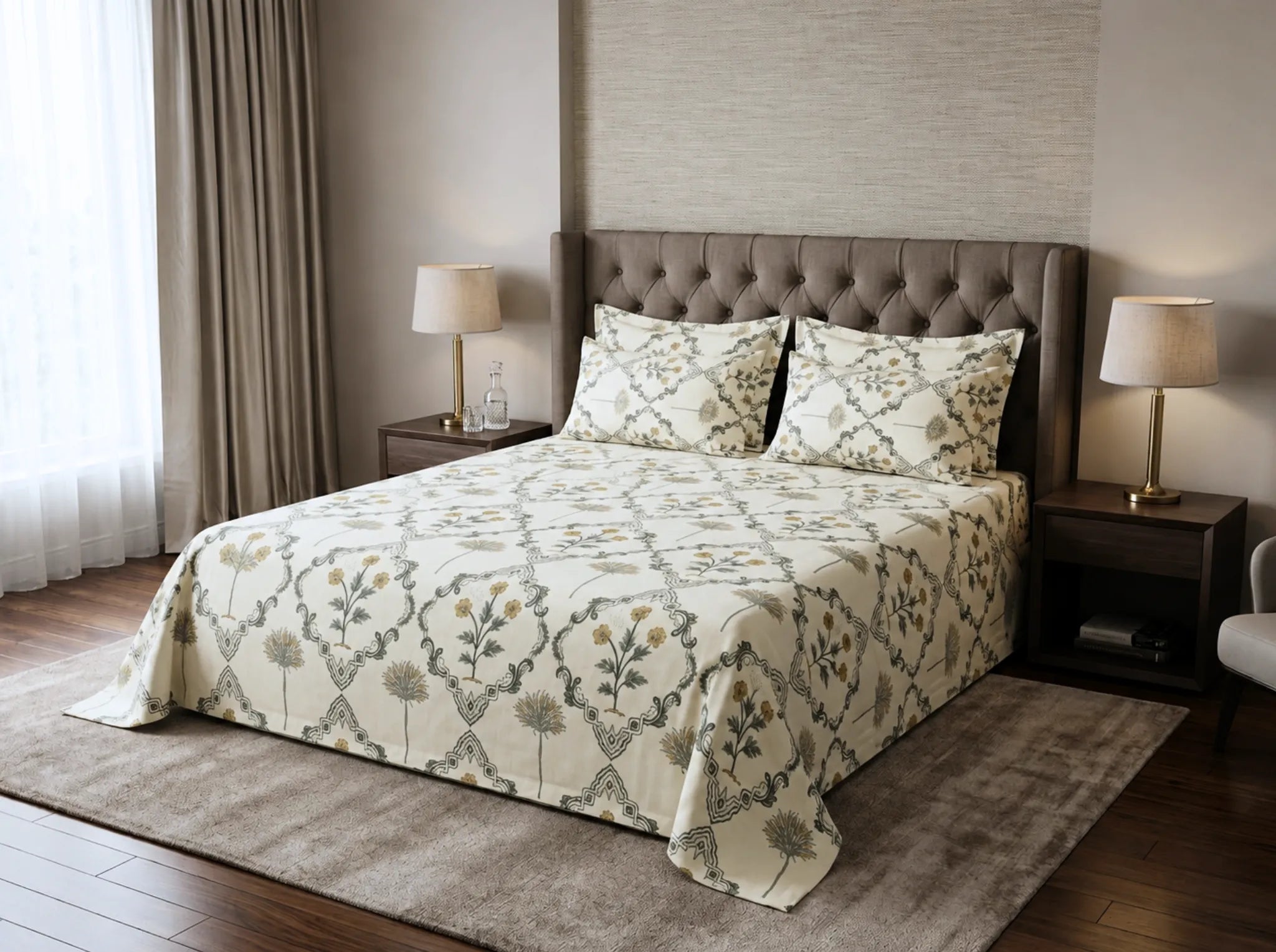 Regal Mustard Garden - Linen & Loom Natural Collection - Super King (100x108) 100% Pure Cotton Bedsheet with 2 Pillow Covers | Soft Breathable Bedspread for Home Decor | TC 240