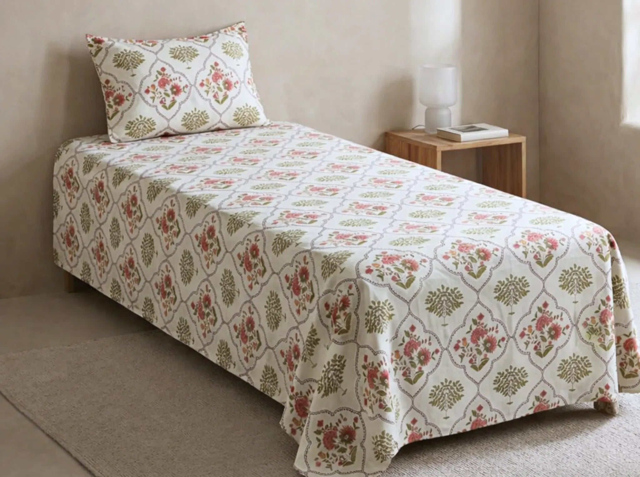 Maharani Bagh - Red - Linen & Loom The Natural Collection - 100% Pure Cotton Single Bedsheet (60 x 90 Inches) with 1 Pillow Cover | 240 TC - Soft & Breathable Cotton Bed Sheet for Bedroom