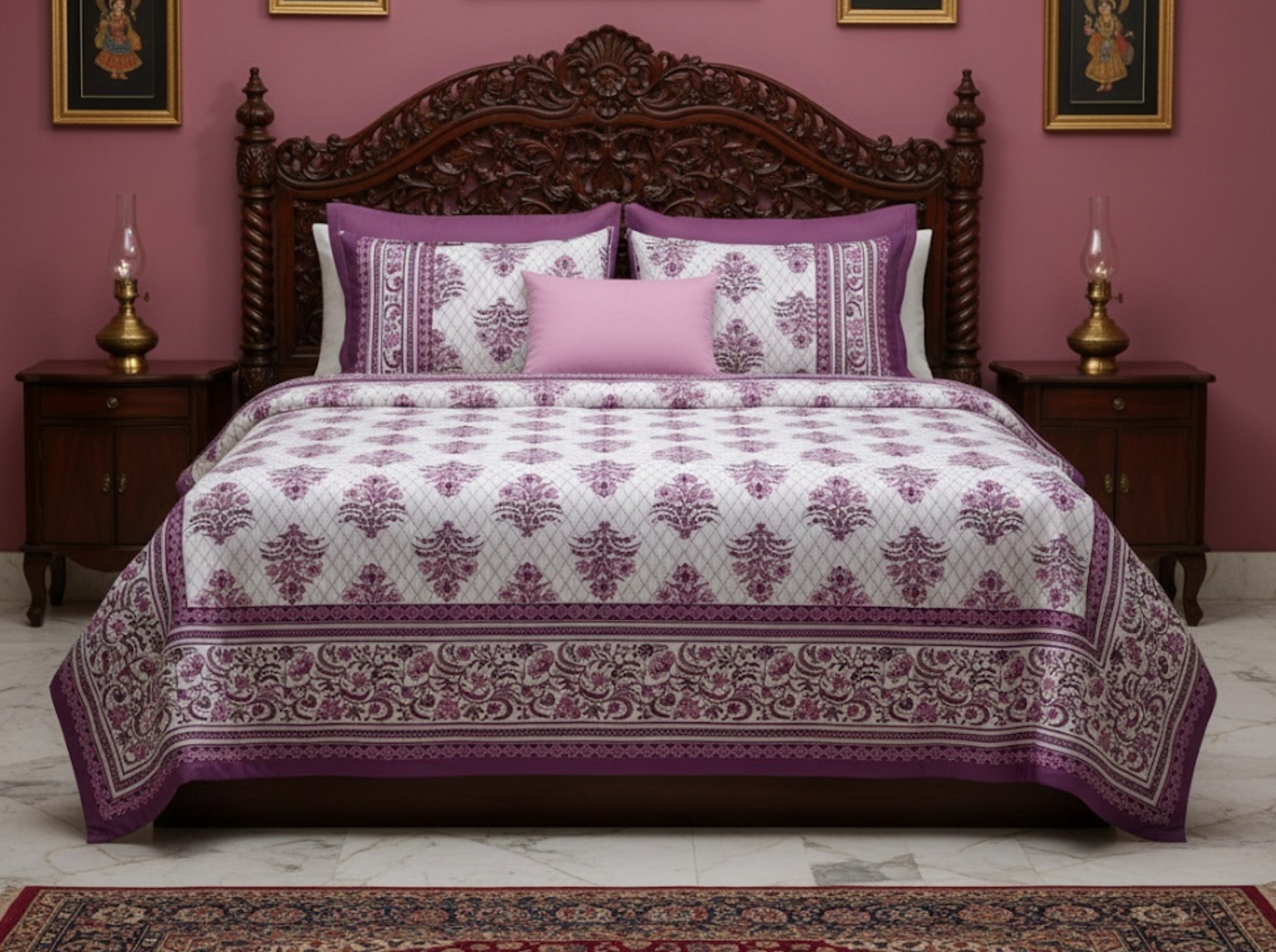 Darbar Elegance - Puple — Linen & Loom Jaipur Heritage Super King Size (108 x 108 inches) 100% Pure Cotton Bedsheet with 2 Pillow Covers | Soft & Breathable Bed Cover for Home Decor | 240 TC