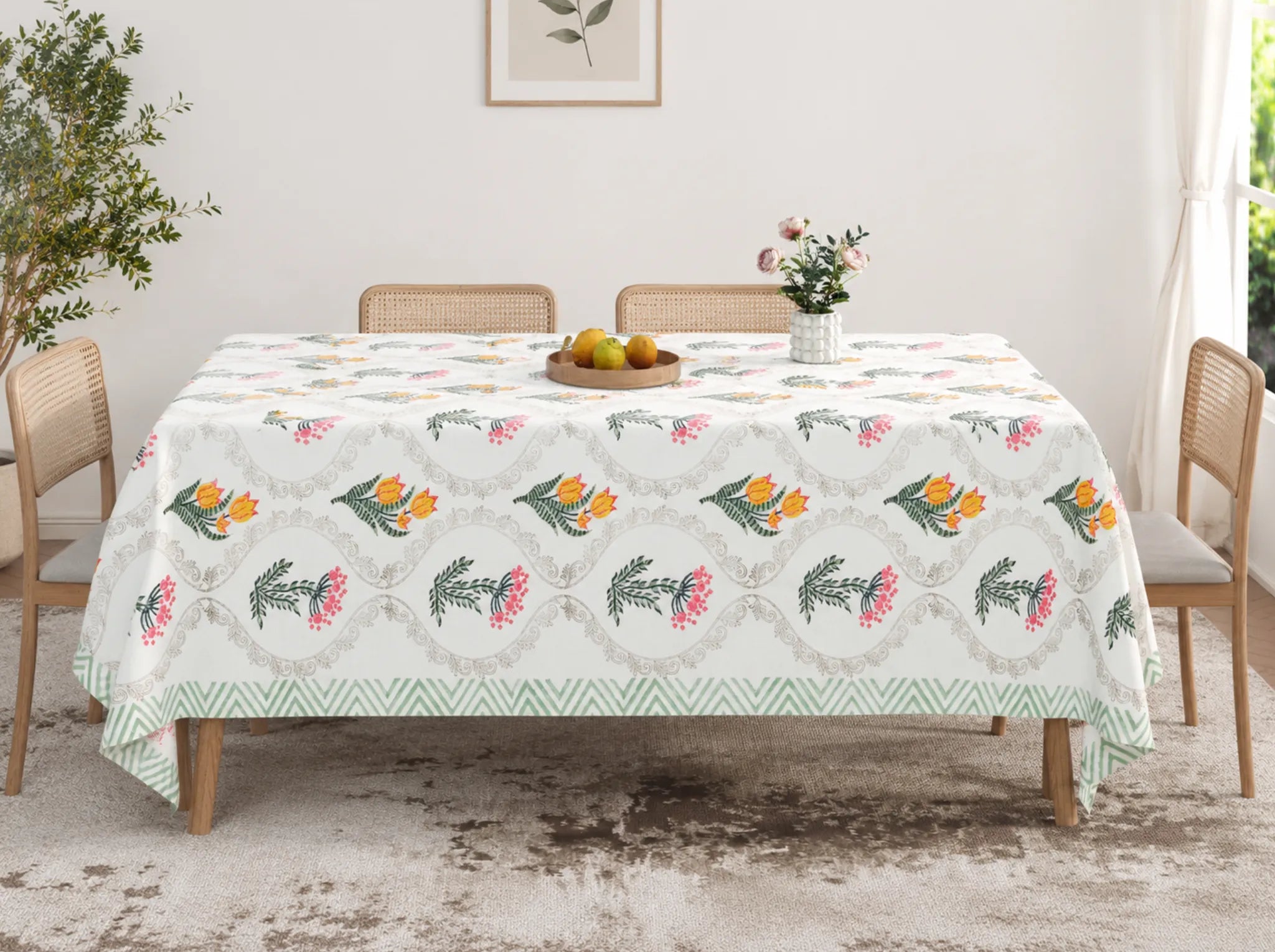 Heritage Bouquet - Linen & Loom Rajwada Heritage 6-Seater Table Cover | 100% Premium Cotton Slub | 200 TC | 160 GSM | 1.5 x 2.25 Meters
