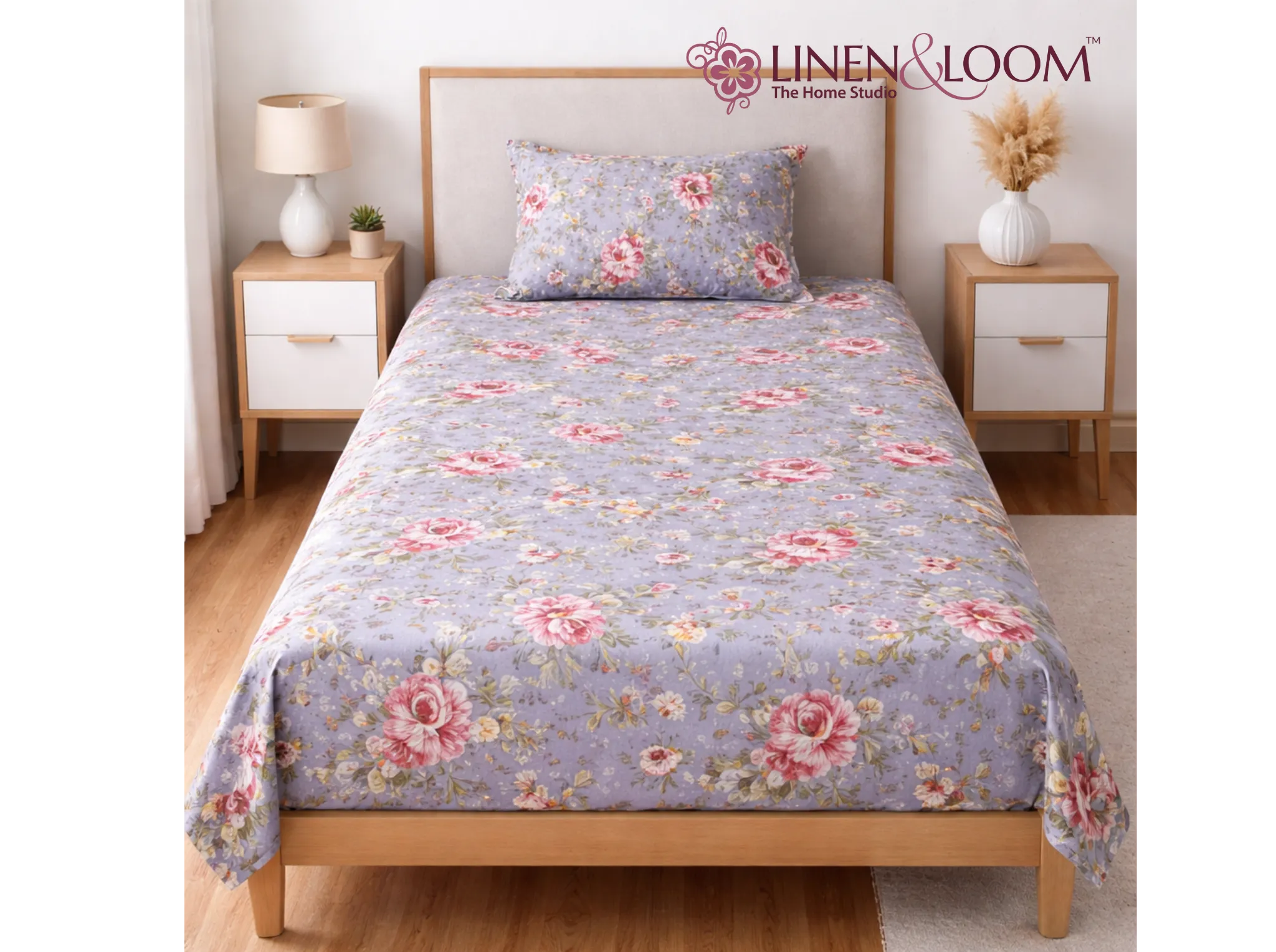 Blue Rosette Garden - Linen & Loom The Natural Collection - 100% Pure Cotton Single Bedsheet (60 x 90 Inches) with 1 Pillow Cover | 240 TC - Soft & Breathable Cotton Bed Sheet for Bedroom