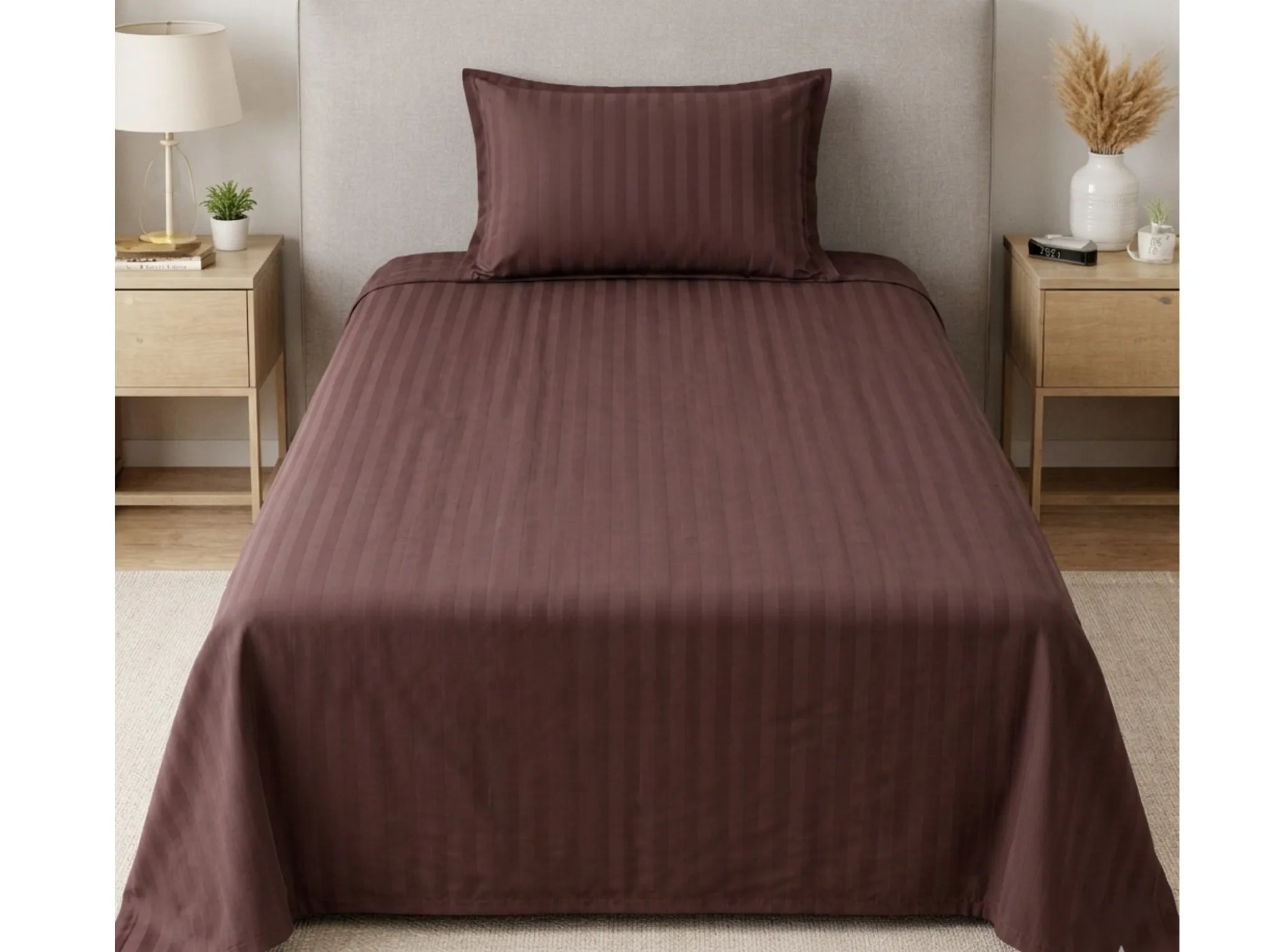 Brown - Linen & Loom Elegance Series (60x90 inches) Bedsheet with 1 Pillow Cover | Luxury Striped Cotton Blend Bedsheet Set | Soft, Breathable & Hotel-Style Finish | TC 200