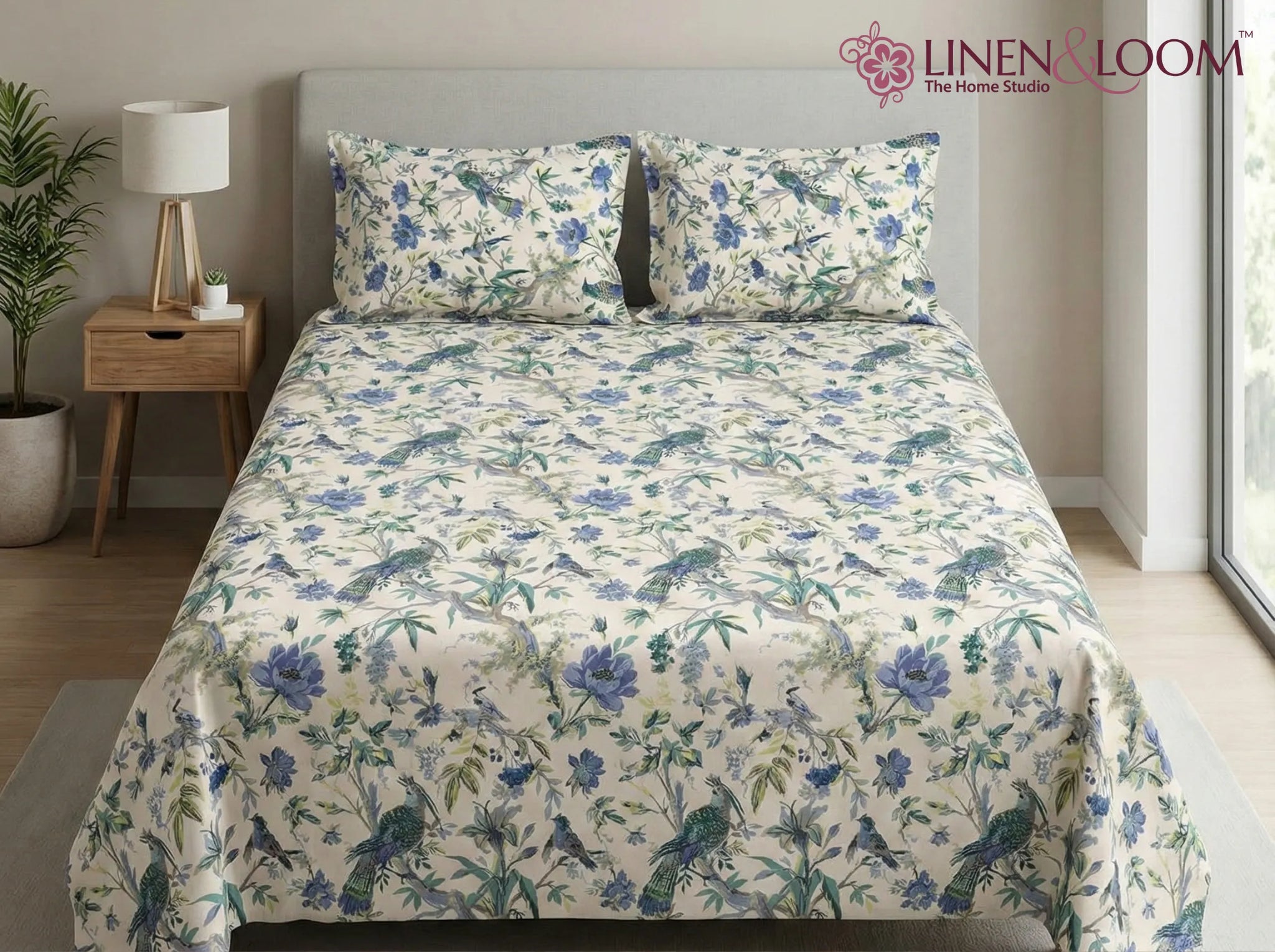 Bluebird Meadow - Linen & Loom Natural Collection - Super King (100x108) 100% Pure Cotton Bedsheet with 2 Pillow Covers | Soft Breathable Bedspread for Home Decor | TC 240