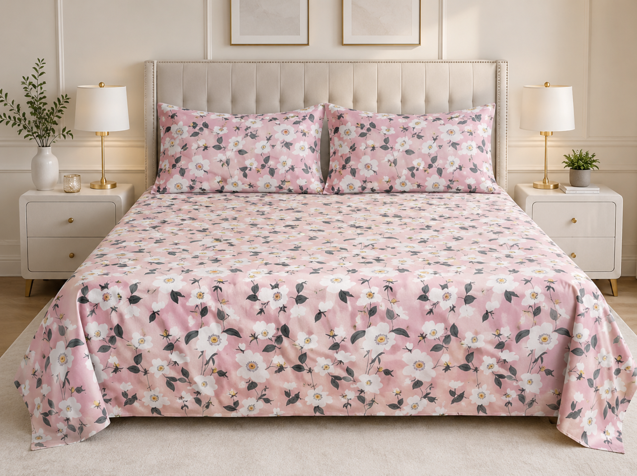 Petal Edit - Urban Bloom Poly-Cotton Queen Size Bedsheet Set (90x100 Inches) with 2 Matching Pillow Covers - Wrinkle-Free Comfort