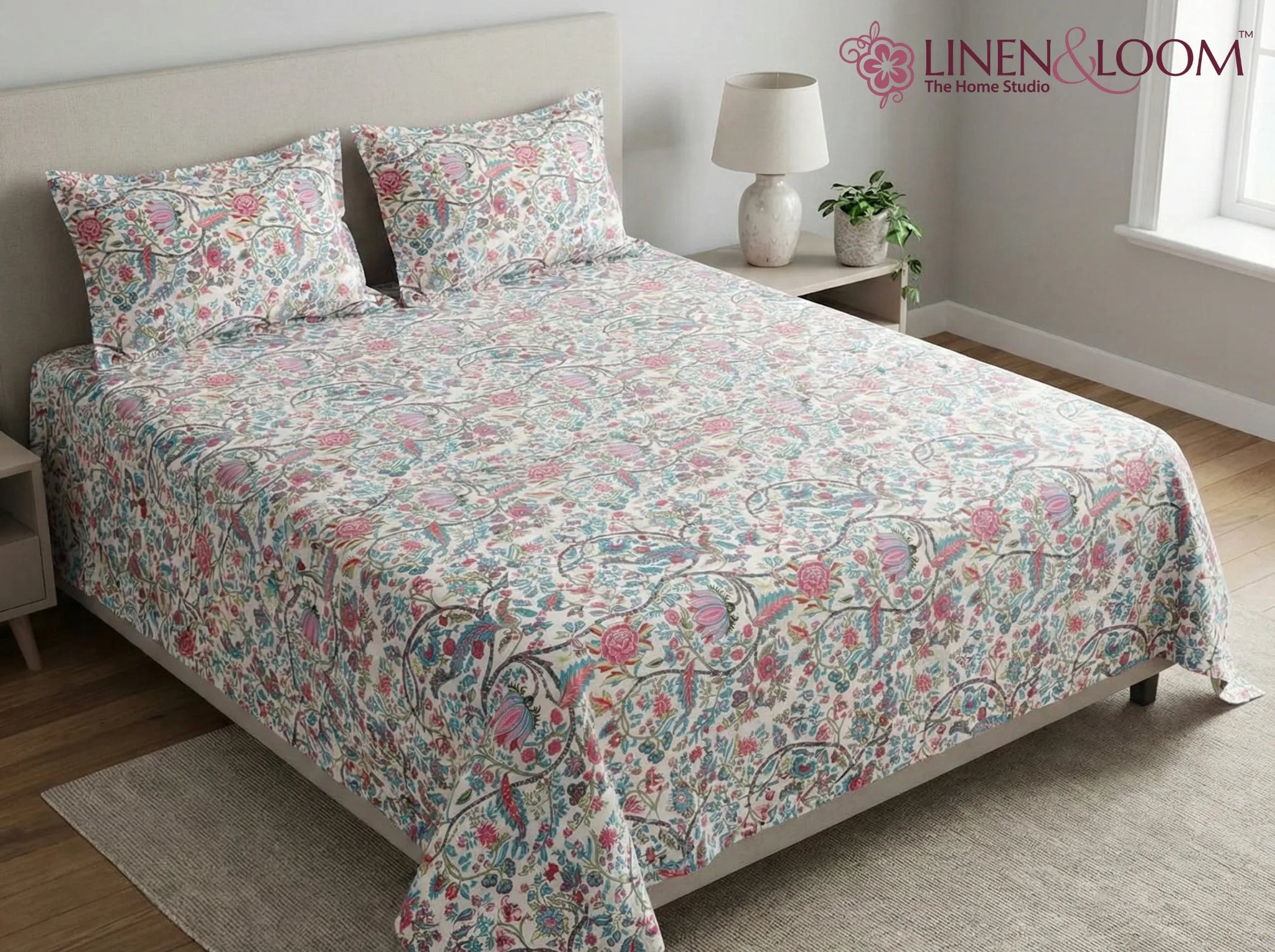 Vivid Vine - Linen & Loom Natural Collection - Super King (100x108) 100% Pure Cotton Bedsheet with 2 Pillow Covers | Soft Breathable Bedspread for Home Decor | TC 240