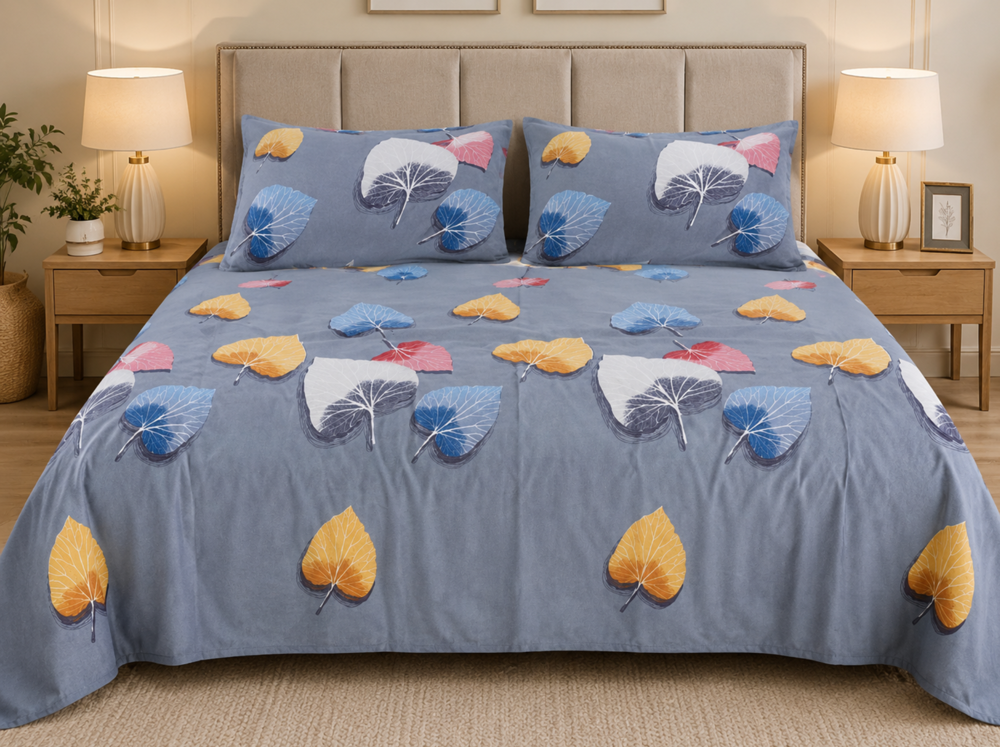 Leaf Symphony - Urban Bloom Poly-Cotton Queen Size Bedsheet Set (90x100 Inches) with 2 Matching Pillow Covers - Wrinkle-Free Comfort