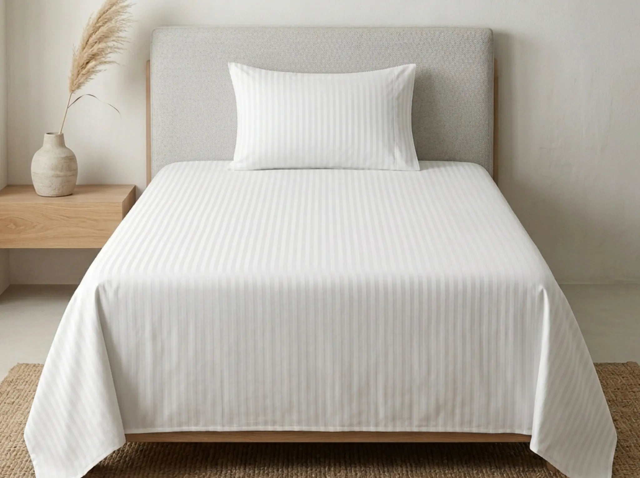 Ivory Cream - Linen & Loom Elegance Series (60x90 inches) Bedsheet with 1 Pillow Cover | Luxury Striped Cotton Blend Bedsheet Set | Soft, Breathable & Hotel-Style Finish | TC 200