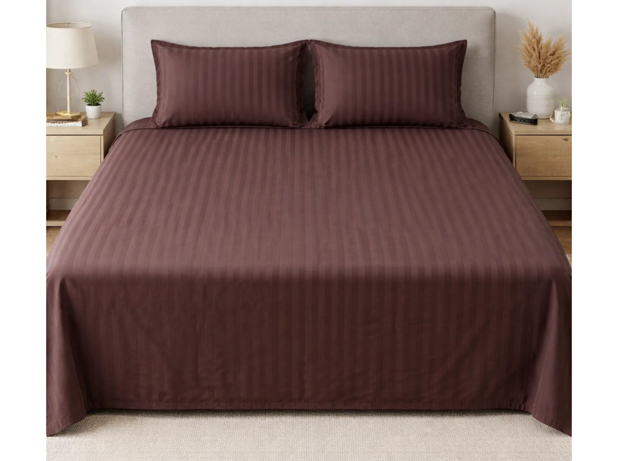 Brown - Linen & Loom Elegance Series Super King Size Bedsheet with 2 Pillow Covers | Luxury Striped Cotton Blend Bedsheet Set 200 TC | Soft, Breathable & Hotel-Style Finish (108 x 108 inches)