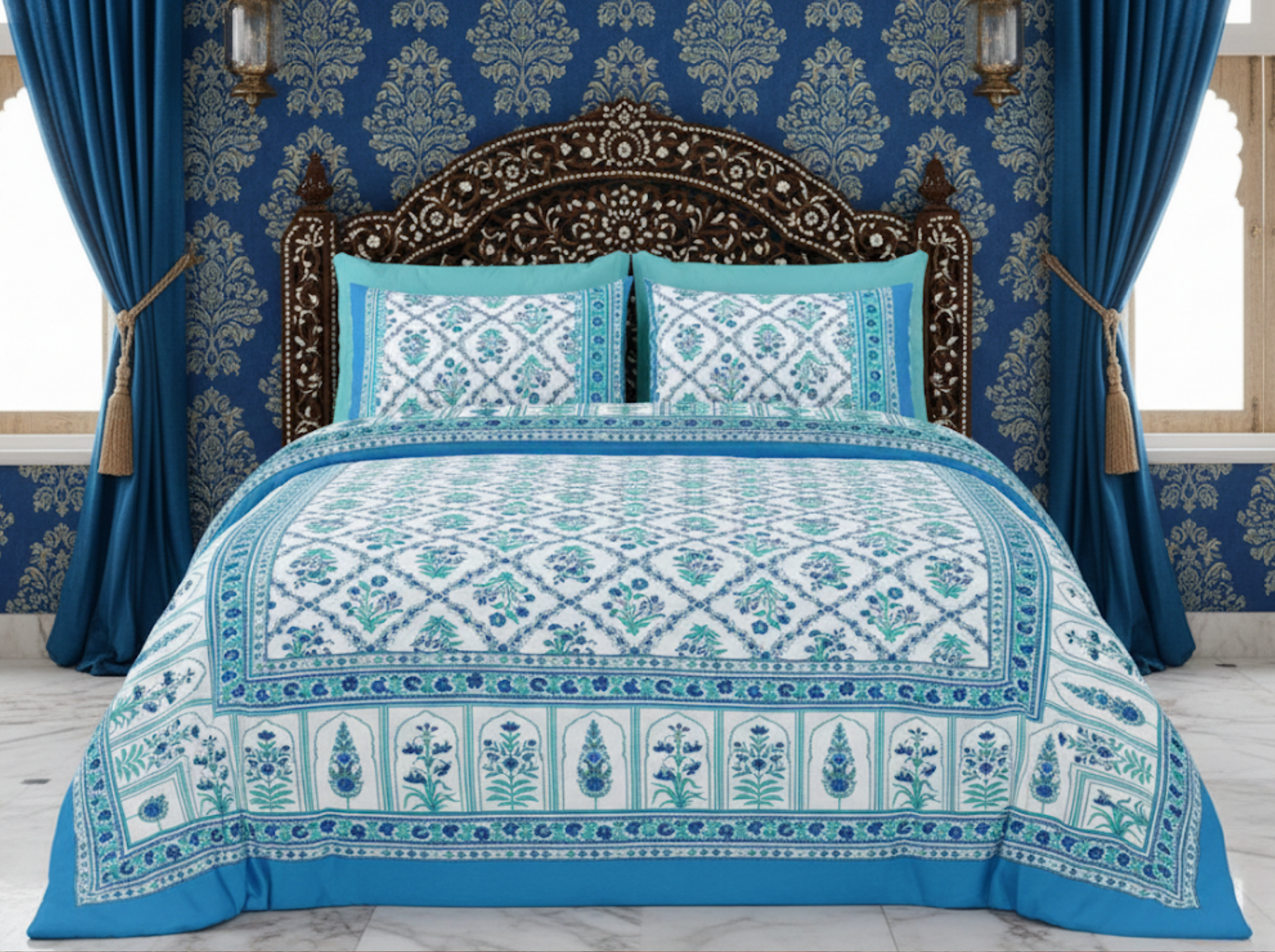 Indigo Rani — Linen & Loom Maharani Motifs Premium 100% Pure Cotton King Size (90x108) Double Bed Bedsheet with 2 Pillow Covers || Floral Printed Elegant Bedroom Bedding Set || 240 TC