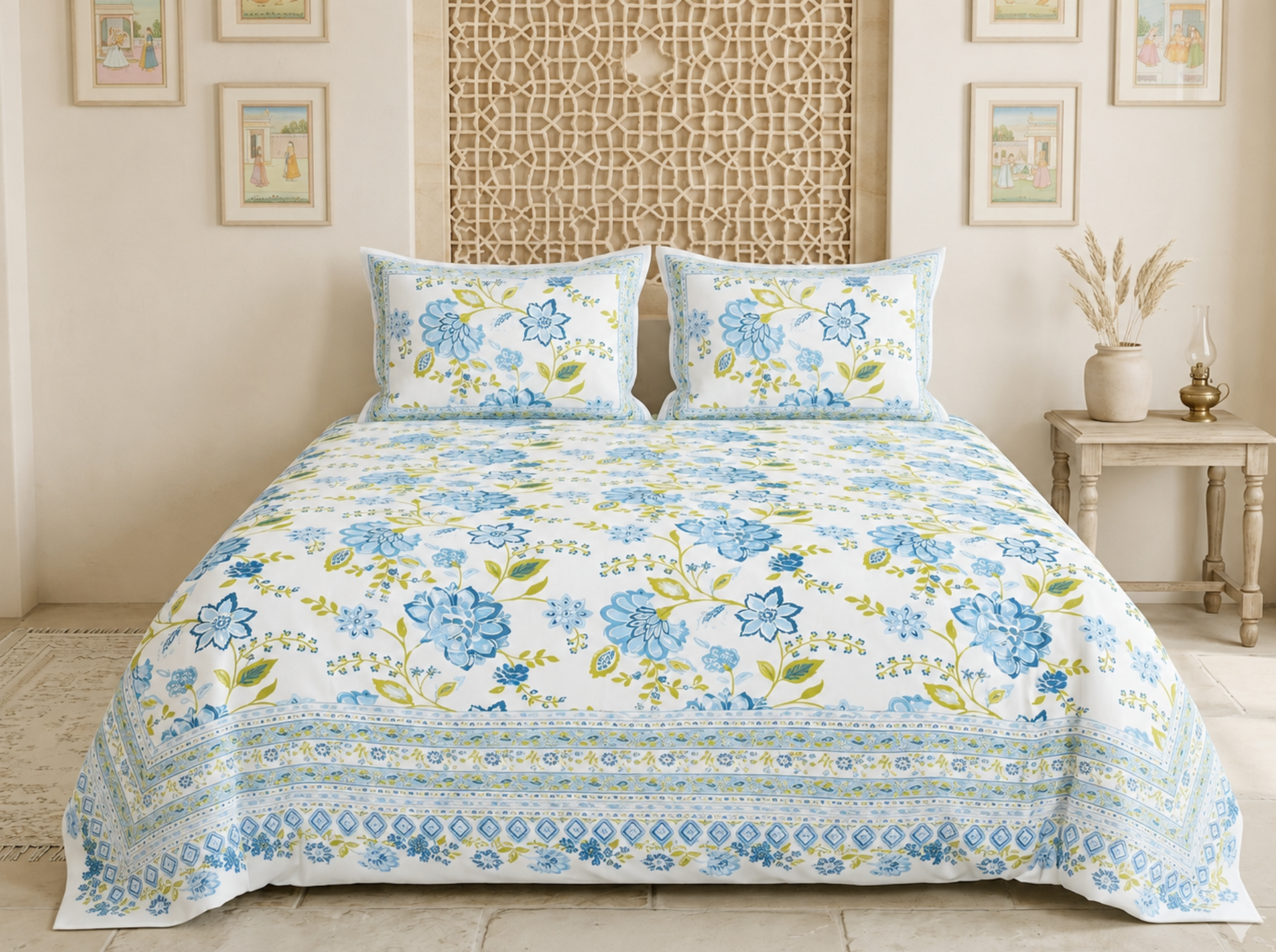 Signature Flora-Beige — Linen & Loom Jaipur Heritage Super King Size (108 x 108 inches) 100% Pure Cotton Bedsheet with 2 Pillow Covers | Soft & Breathable Bed Cover for Home Decor | 240 TC
