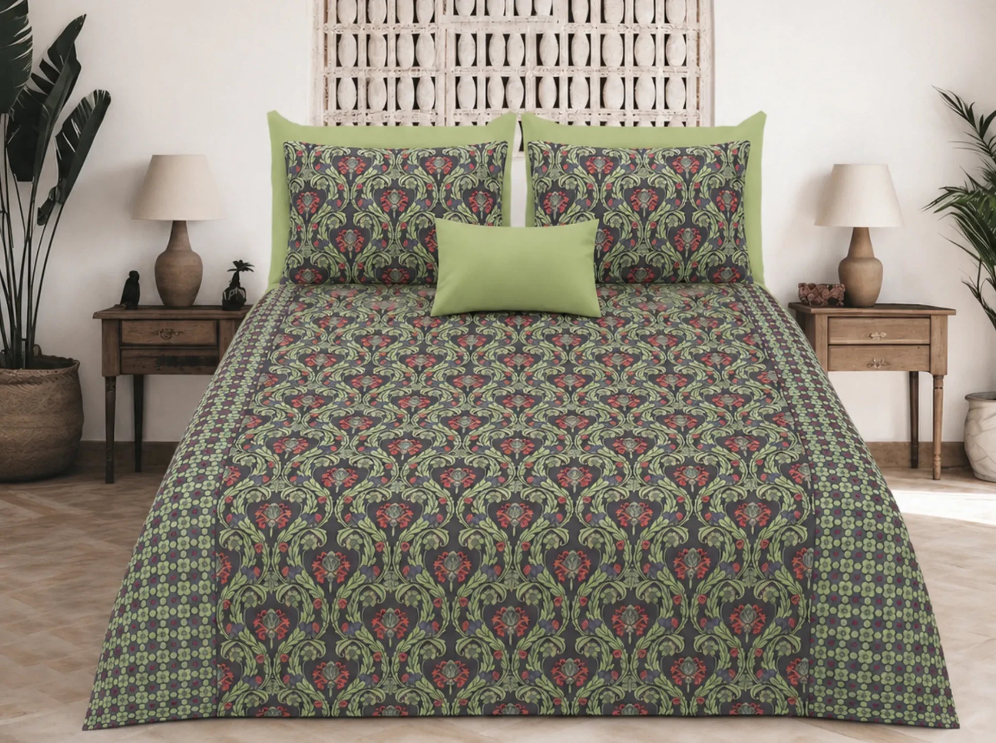 Heritage Scroll Green — Sanganeri Stories Bedsheet | Linen & Loom