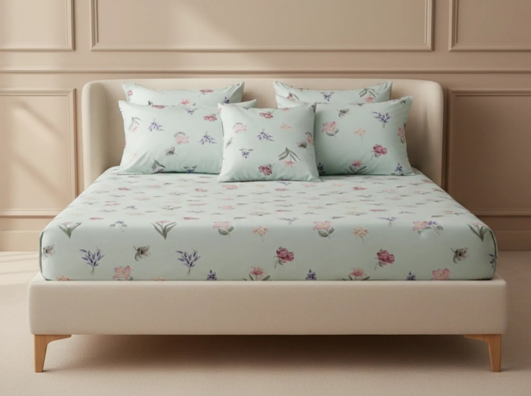 Spring Whispers - Linen & Loom Pure Comfort Series 360° Elastic Fitted Bedsheet | Soft and Comfortable Bed Linen Set for a Cozy Bedroom | 200 TC | King Size 72x78 inches + 9 inches