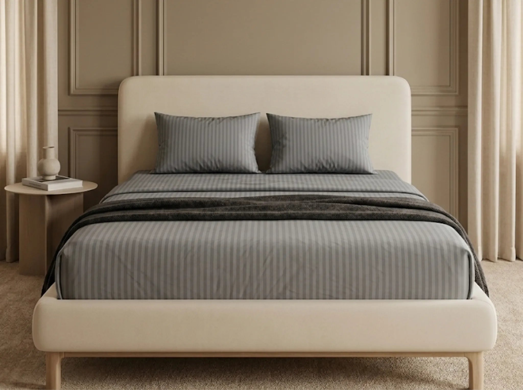 Grey - Linen & Loom Elegance King Size 360° Fitted (72X78 + 9 inches) Elasticated Bedsheet | Elegant Satin Stripes | No-Slip Design | Snug, Secure Grip | Fits Upto 8 Inch Mattress | 200 TC