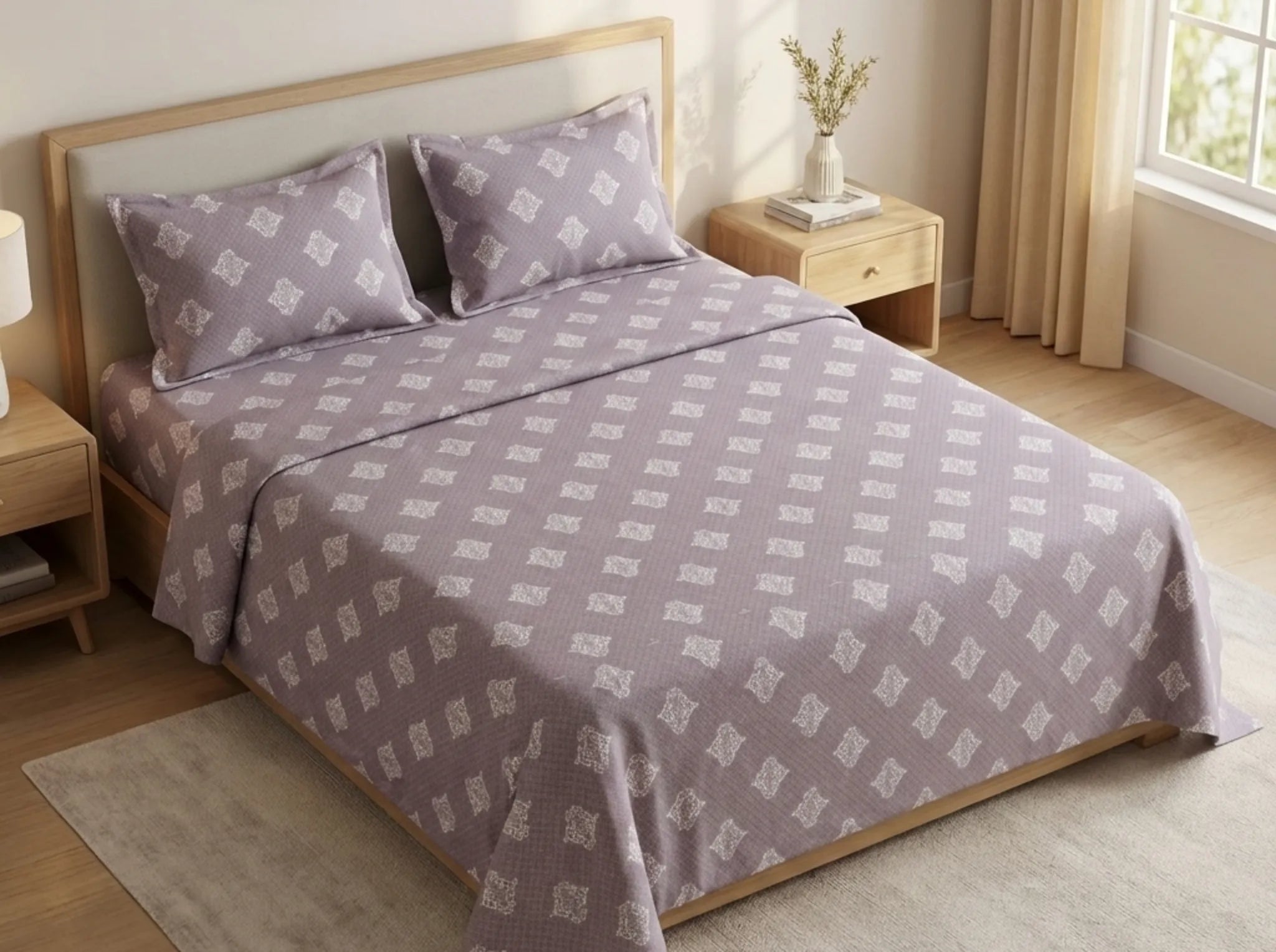 Timeless Taupe - Linen & Loom Serenity Series Super King Size (108x108 inches) Double Bedsheet with 2 Pillow Covers || Soft Breathable Cotton Feel Bedding Set with Elegant Geometric Design || TC 240