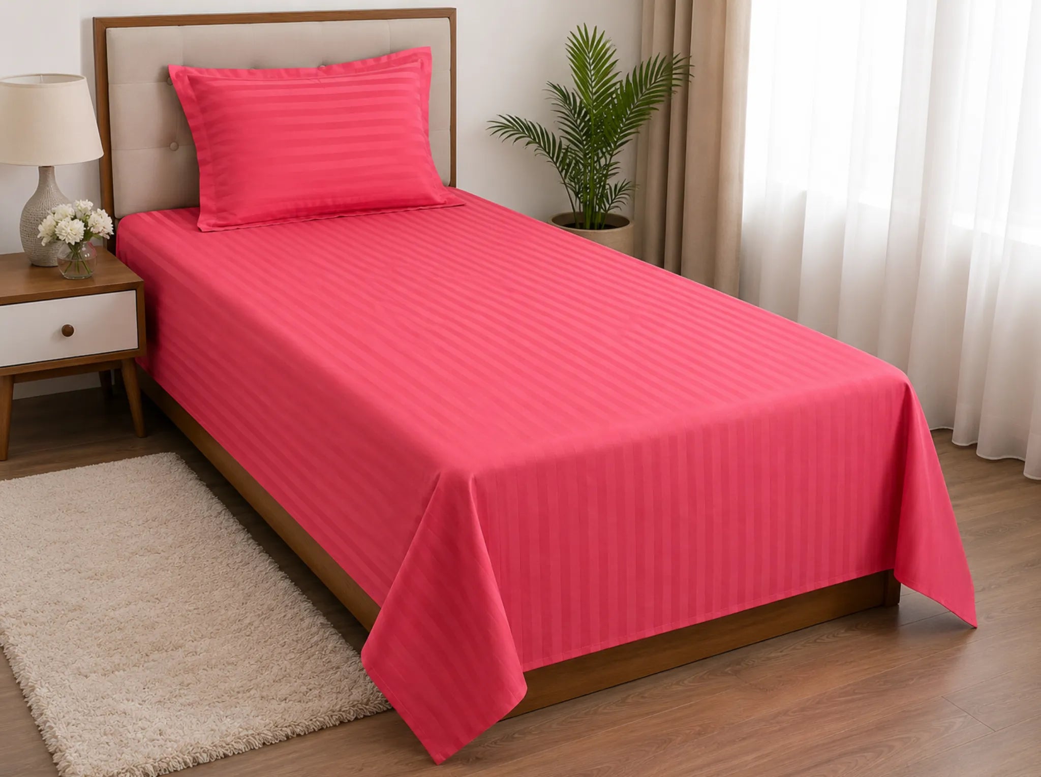 Flamingo Pink - Linen & Loom Elegance Series (60x90 inches) Bedsheet with 1 Pillow Cover | Luxury Striped Cotton Blend Bedsheet Set | Soft, Breathable & Hotel-Style Finish | TC 200
