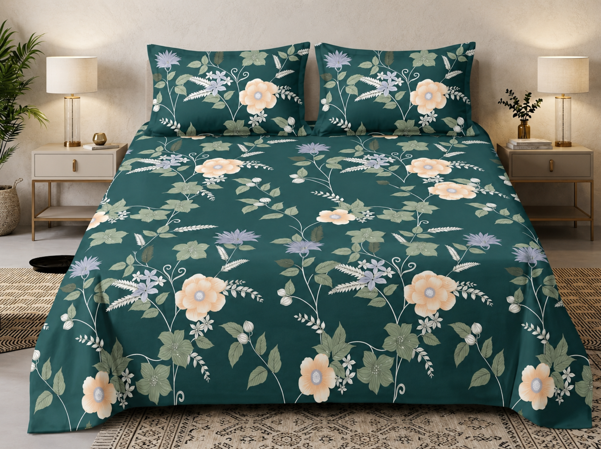 Jade Blossom - Urban Bloom Poly-Cotton Queen Size Bedsheet Set (90x100 Inches) with 2 Matching Pillow Covers - Wrinkle-Free Comfort
