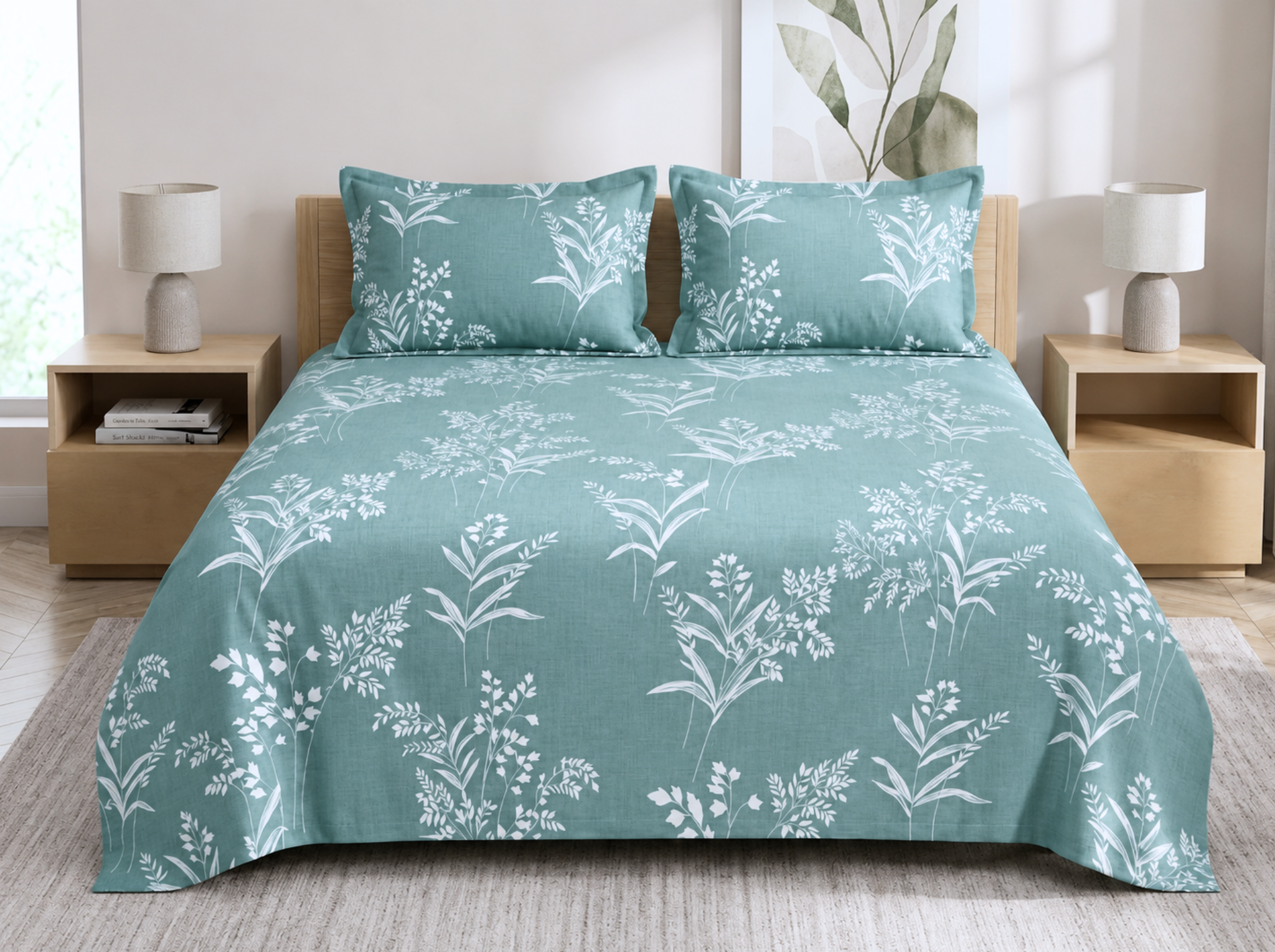 Fern Whisper - Urban Bloom Poly-Cotton Queen Size Bedsheet Set (90x100 Inches) with 2 Matching Pillow Covers - Wrinkle-Free Comfort