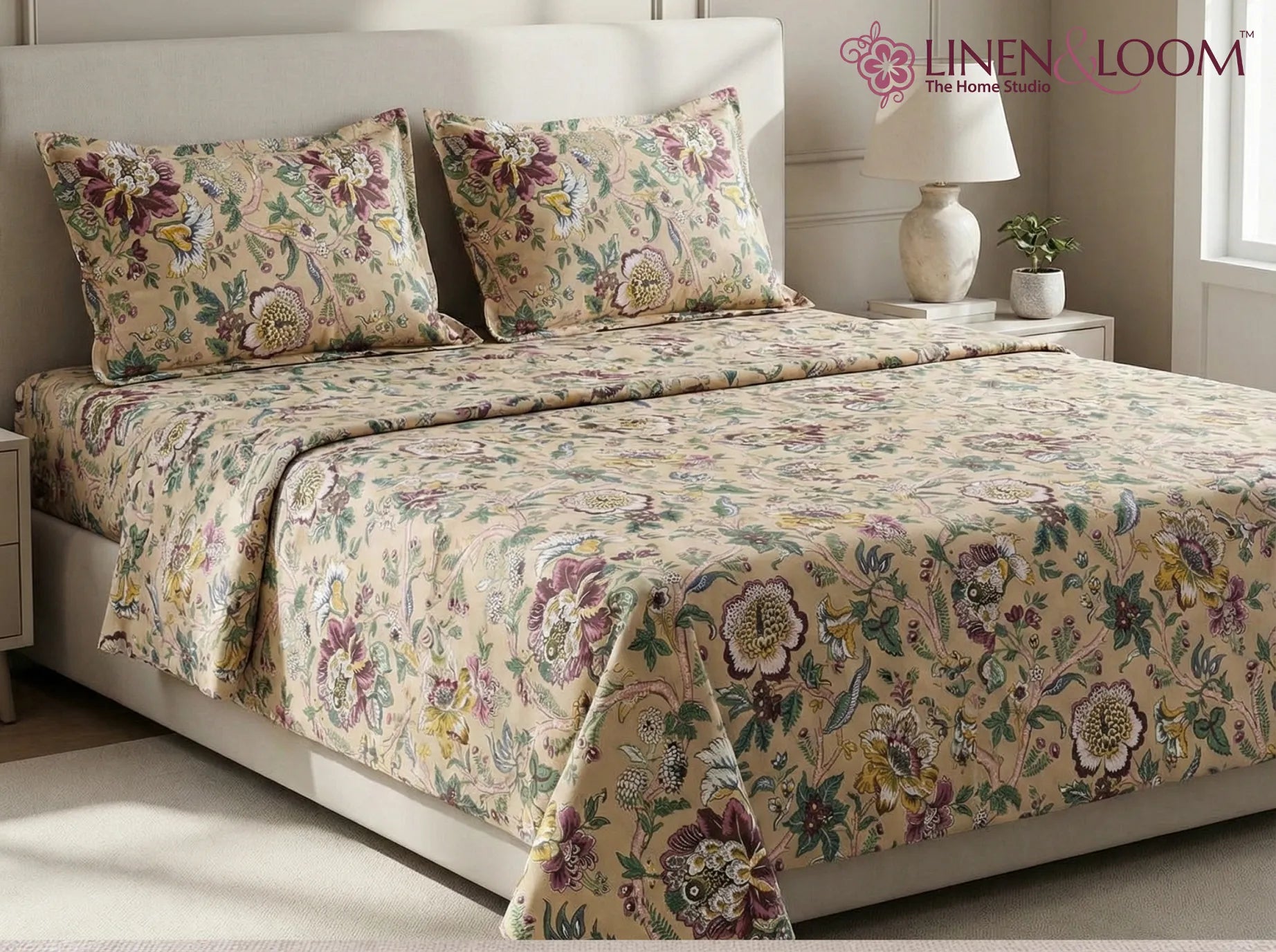 Blossom Haven - Linen & Loom Natural Collection - Super King (100x108) 100% Pure Cotton Bedsheet with 2 Pillow Covers | Soft Breathable Bedspread for Home Decor | TC 240
