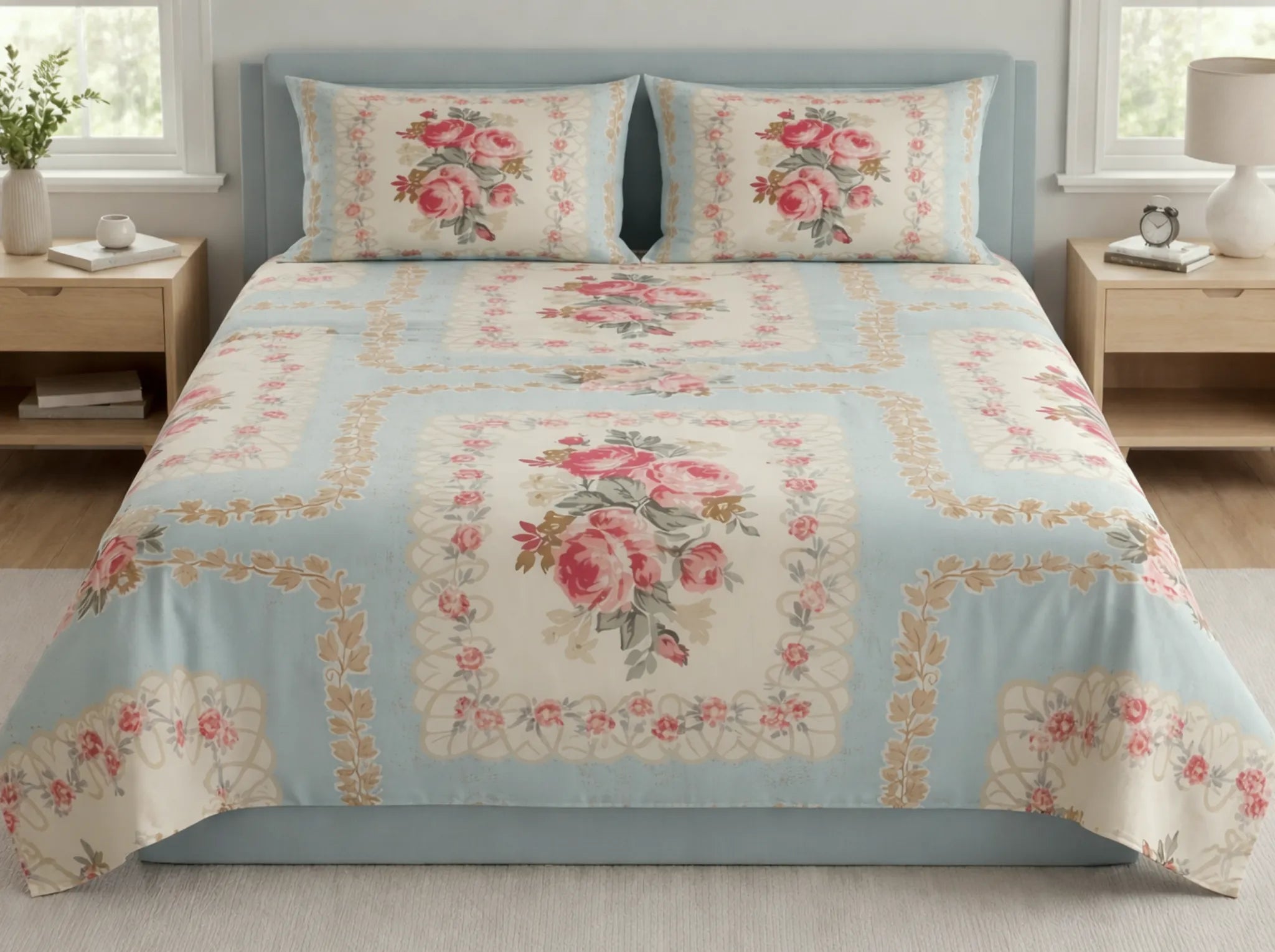 English Floral - Linen & Loom Natural Collection - Super King (100x108) 100% Pure Cotton Bedsheet with 2 Pillow Covers | Soft Breathable Bedspread for Home Decor | TC 240