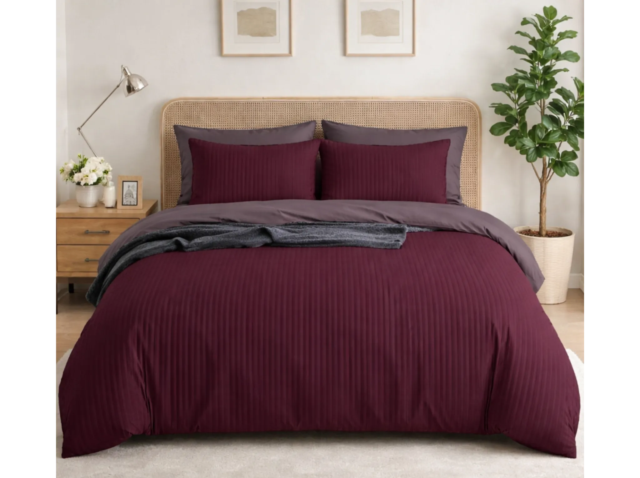 Maroon - Linen & Loom Elegance Series Super King Size Bedsheet with 2 Pillow Covers | Luxury Striped Cotton Blend Bedsheet Set 200 TC | Soft, Breathable & Hotel-Style Finish (108 x 108 inches)