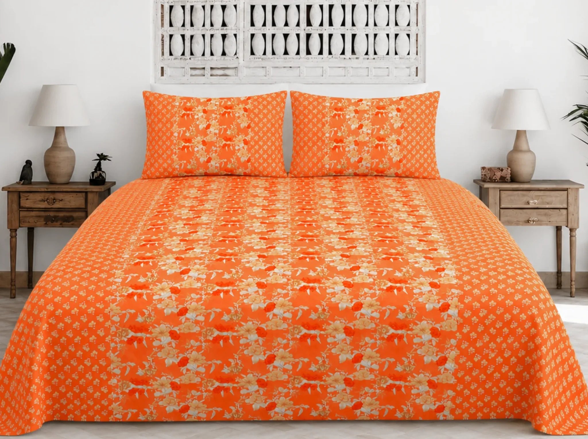 Gulshan Charm Orange Mustard — Sanganeri Stories Bedsheet | Linen & Loom