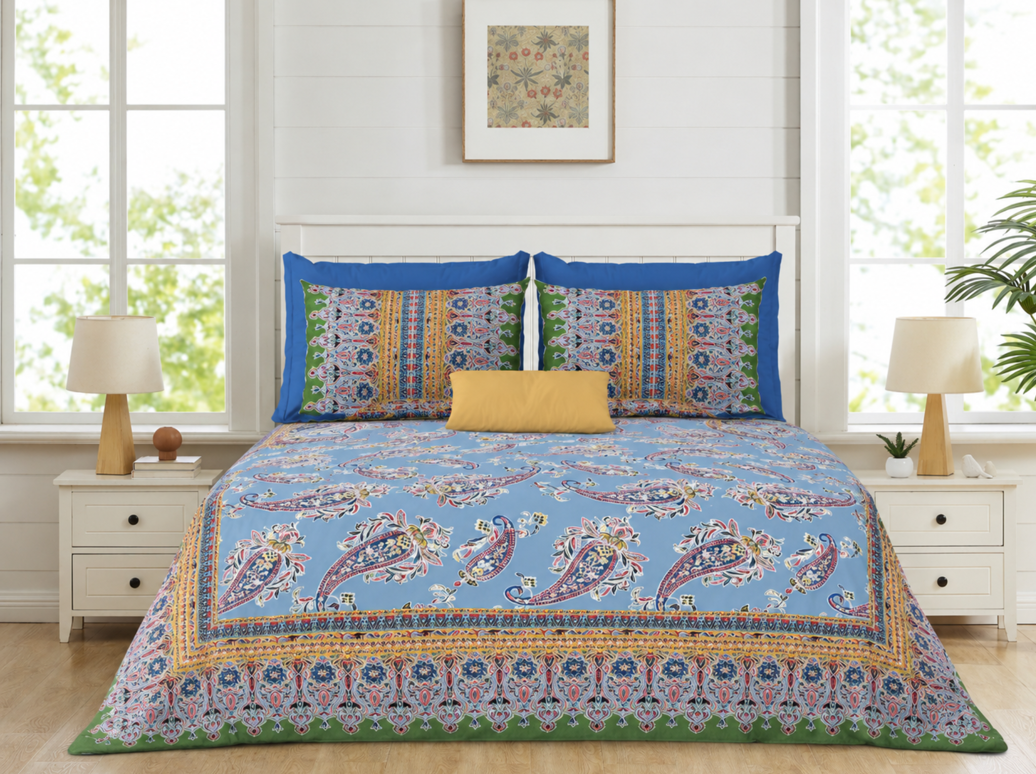 Rajwada Paisley-Blue — Linen & Loom Maharani Motifs Premium 100% Pure Cotton King Size (90x108) Double Bed Bedsheet with 2 Pillow Covers || Floral Printed Elegant Bedroom Bedding Set || 240 TC