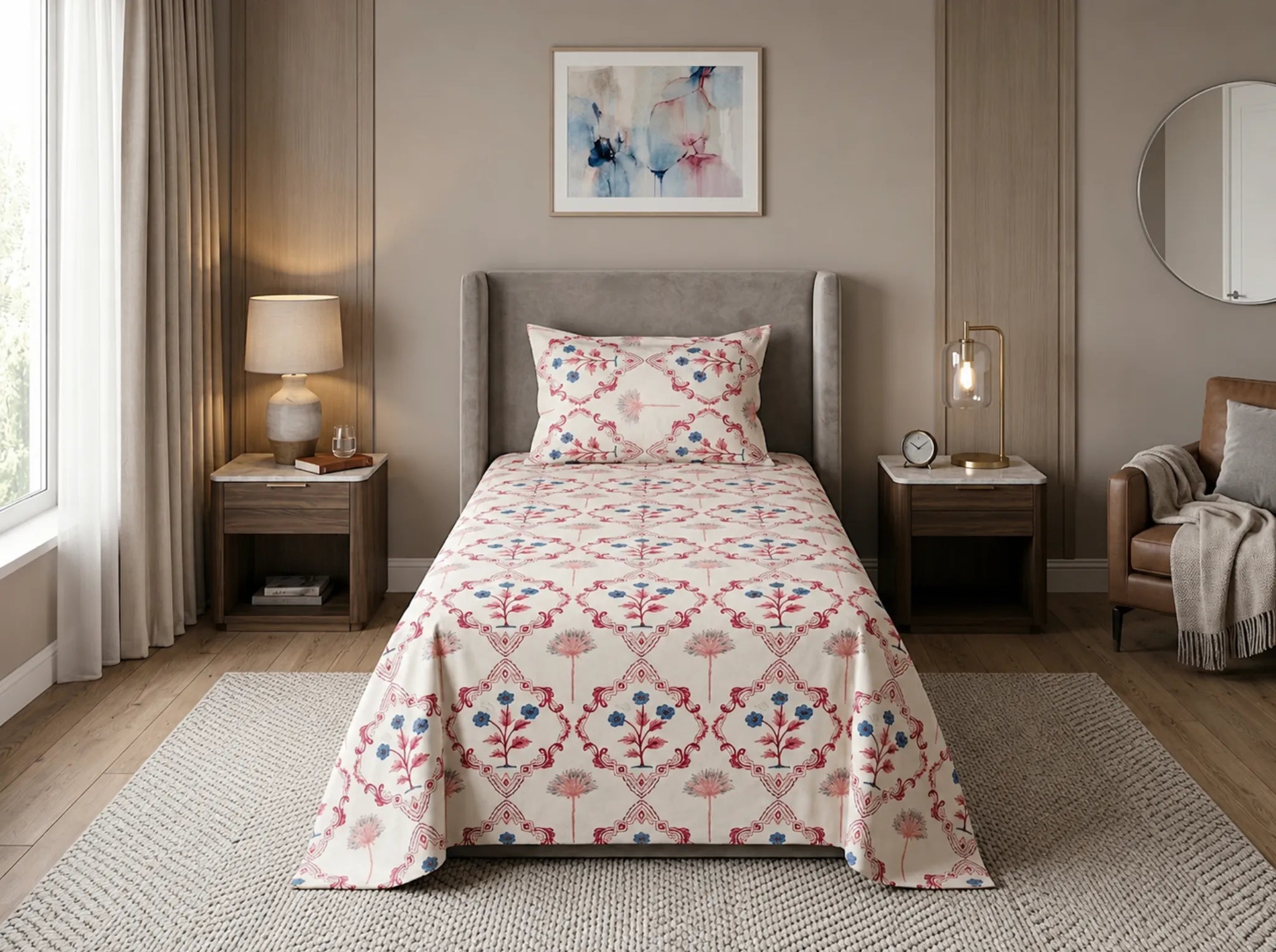 Heritage Flora - Linen & Loom The Natural Collection - 100% Pure Cotton Single Bedsheet (60 x 90 Inches) with 1 Pillow Cover | 240 TC - Soft & Breathable Cotton Bed Sheet for Bedroom