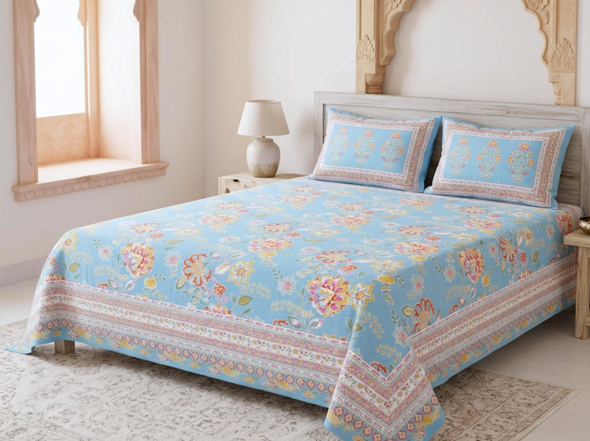 Signature Flora-Blue — Linen & Loom Jaipur Heritage Super King Size (108 x 108 inches) 100% Pure Cotton Bedsheet with 2 Pillow Covers | Soft & Breathable Bed Cover for Home Decor | 240 TC