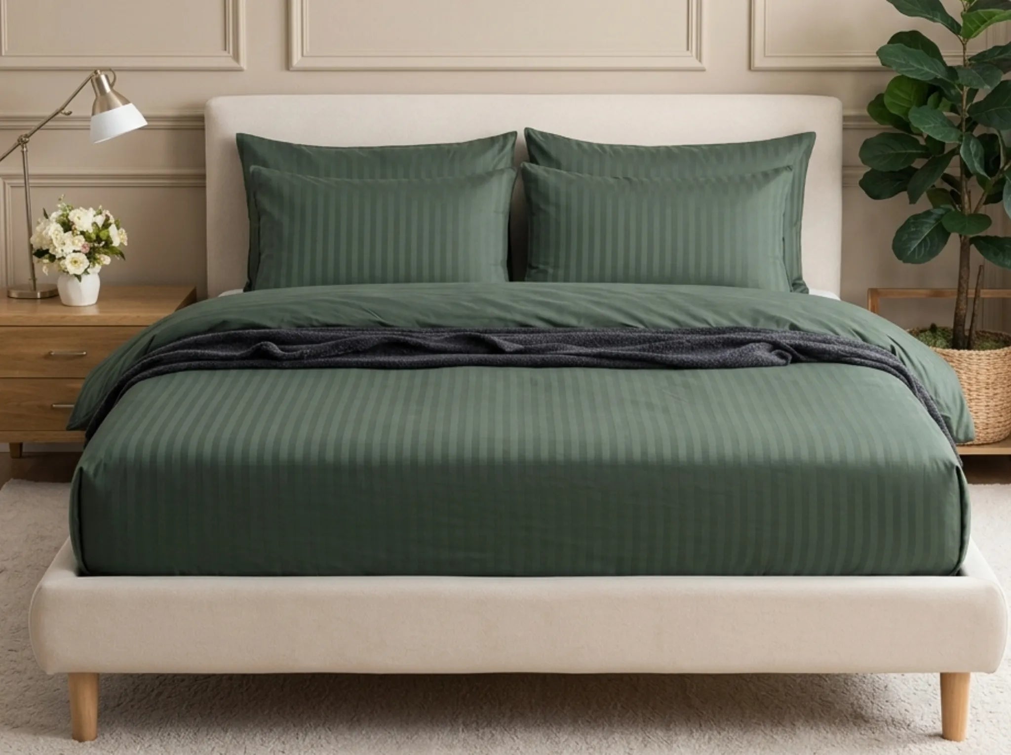 Mediterranean Green - Linen & Loom Elegance King Size 360° Fitted (72X78 + 9 inches) Elasticated Bedsheet | Elegant Satin Stripes | No-Slip Design | Snug, Secure Grip | Fits Upto 8 Inch Mattress | 200 TC