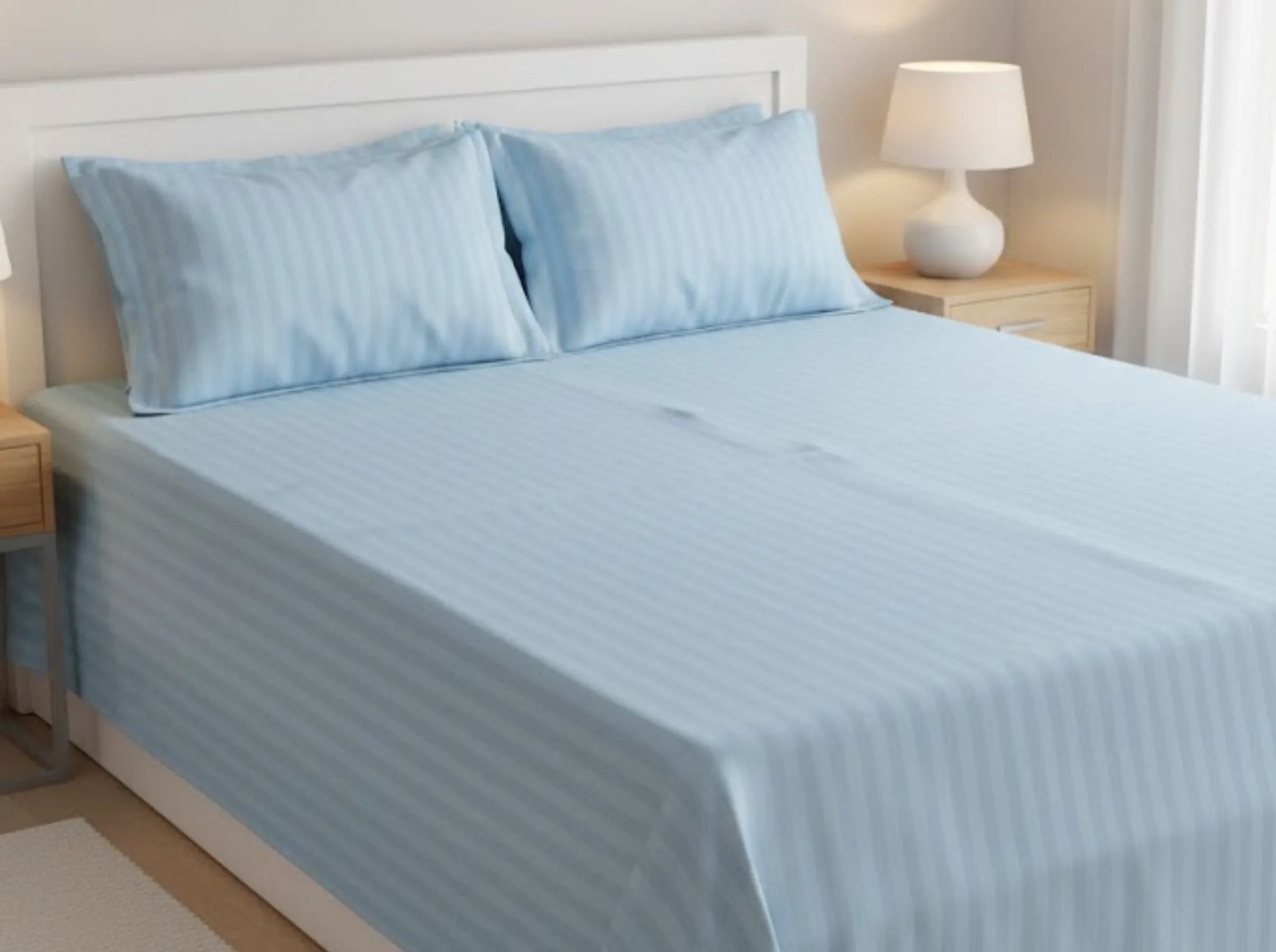 Light Blue - Linen & Loom Elegance Series Super King Size Bedsheet with 2 Pillow Covers | Luxury Striped Cotton Blend Bedsheet Set 200 TC | Soft, Breathable & Hotel-Style Finish (108 x 108 inches)