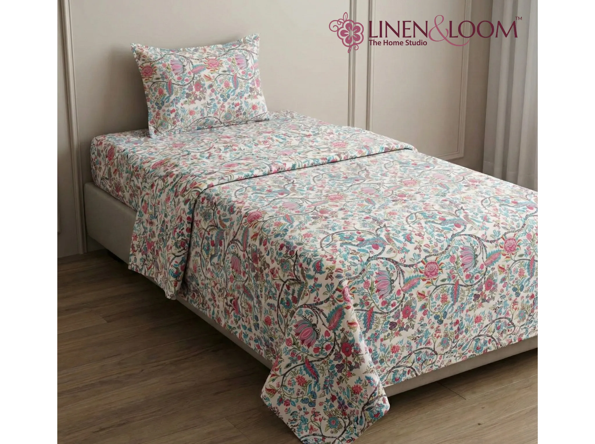 Vivid Vine - Linen & Loom The Natural Collection - 100% Pure Cotton Single Bedsheet (60 x 90 Inches) with 1 Pillow Cover | 240 TC - Soft & Breathable Cotton Bed Sheet for Bedroom