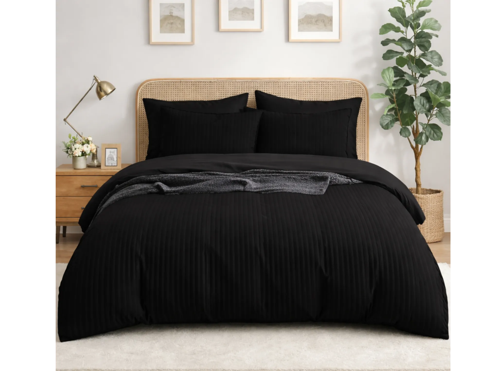 Black - Linen & Loom Elegance Series Super King Size Bedsheet with 2 Pillow Covers | Luxury Striped Cotton Blend Bedsheet Set 200 TC | Soft, Breathable & Hotel-Style Finish (108 x 108 inches)