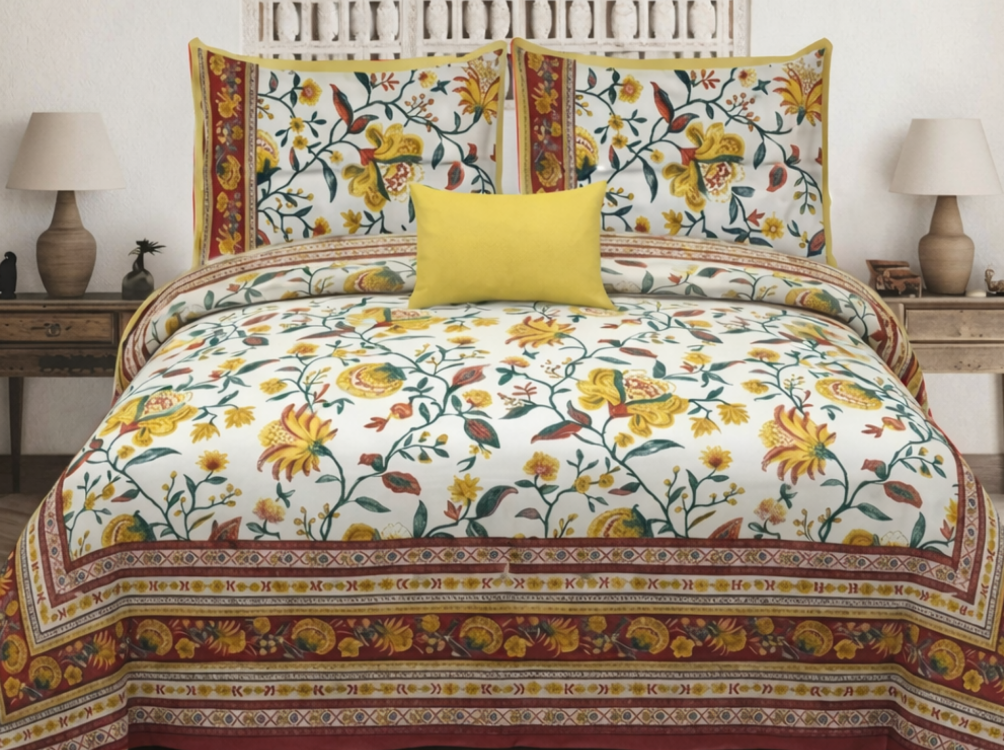 Gulistan Royale - Yellow — Linen & Loom Maharani Motifs Premium 100% Pure Cotton King Size (90x108) Double Bed Bedsheet with 2 Pillow Covers || Floral Printed Elegant Bedroom Bedding Set || 240 TC