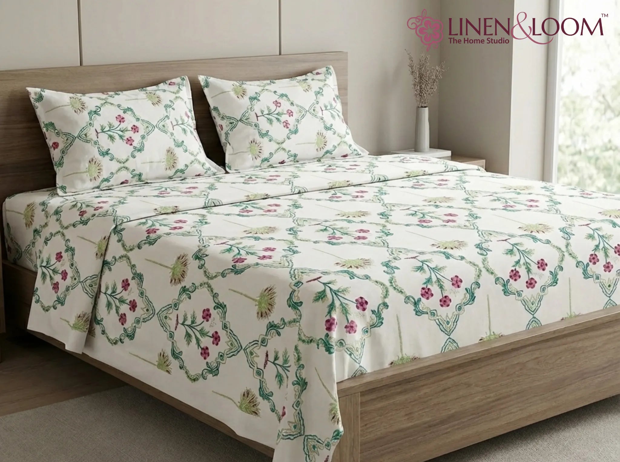 Duchess Berry Garden - Linen & Loom Natural Collection - Super King (100x108) 100% Pure Cotton Bedsheet with 2 Pillow Covers | Soft Breathable Bedspread for Home Decor | TC 240