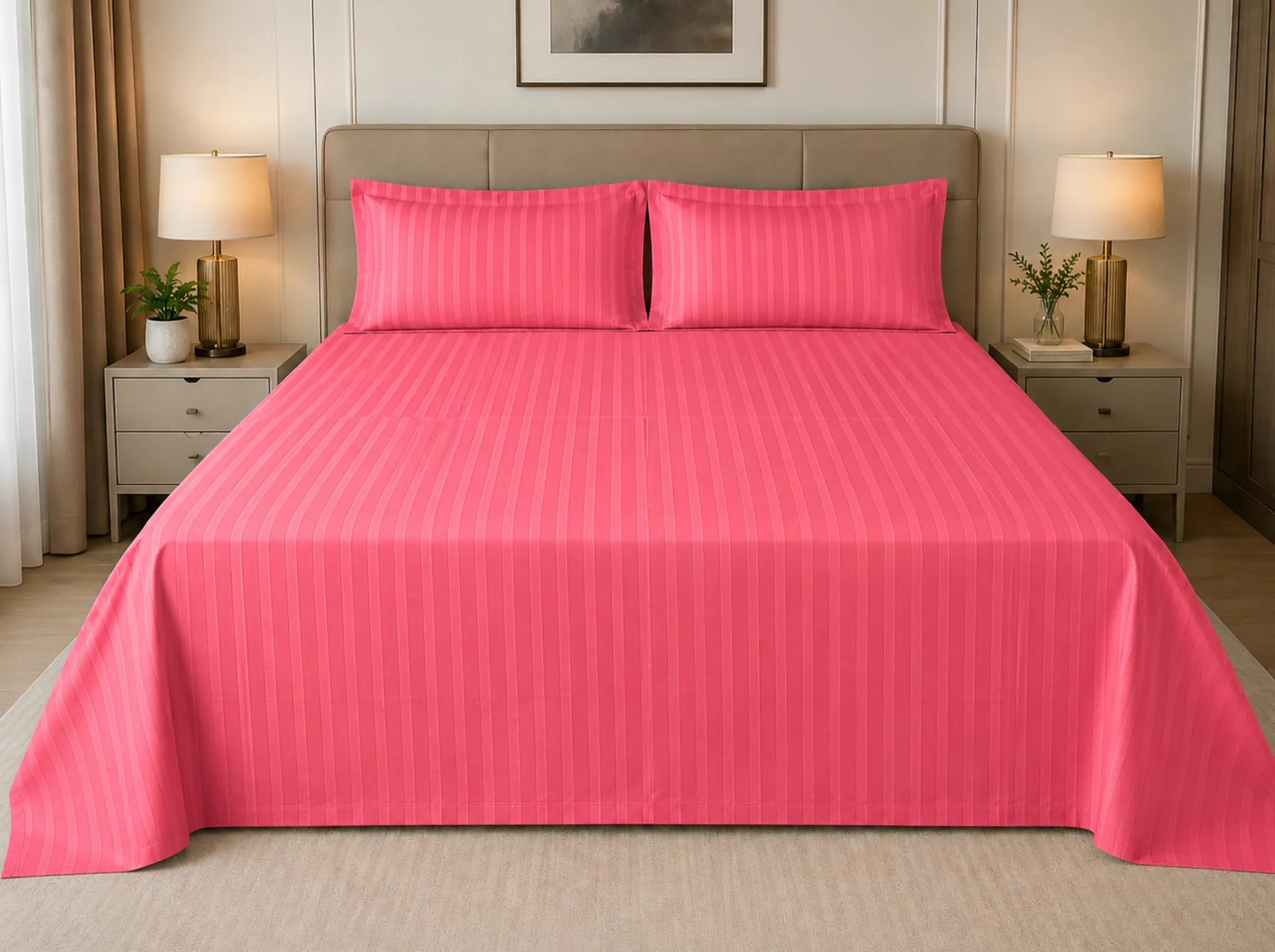 Flamingo Pink - Linen & Loom Elegance Series King Size Bedsheet (90 x 100 Inches) with 2 Pillow Covers | Luxury Striped Cotton Blend | 200 TC | Soft, Breathable & Hotel-Style Finish