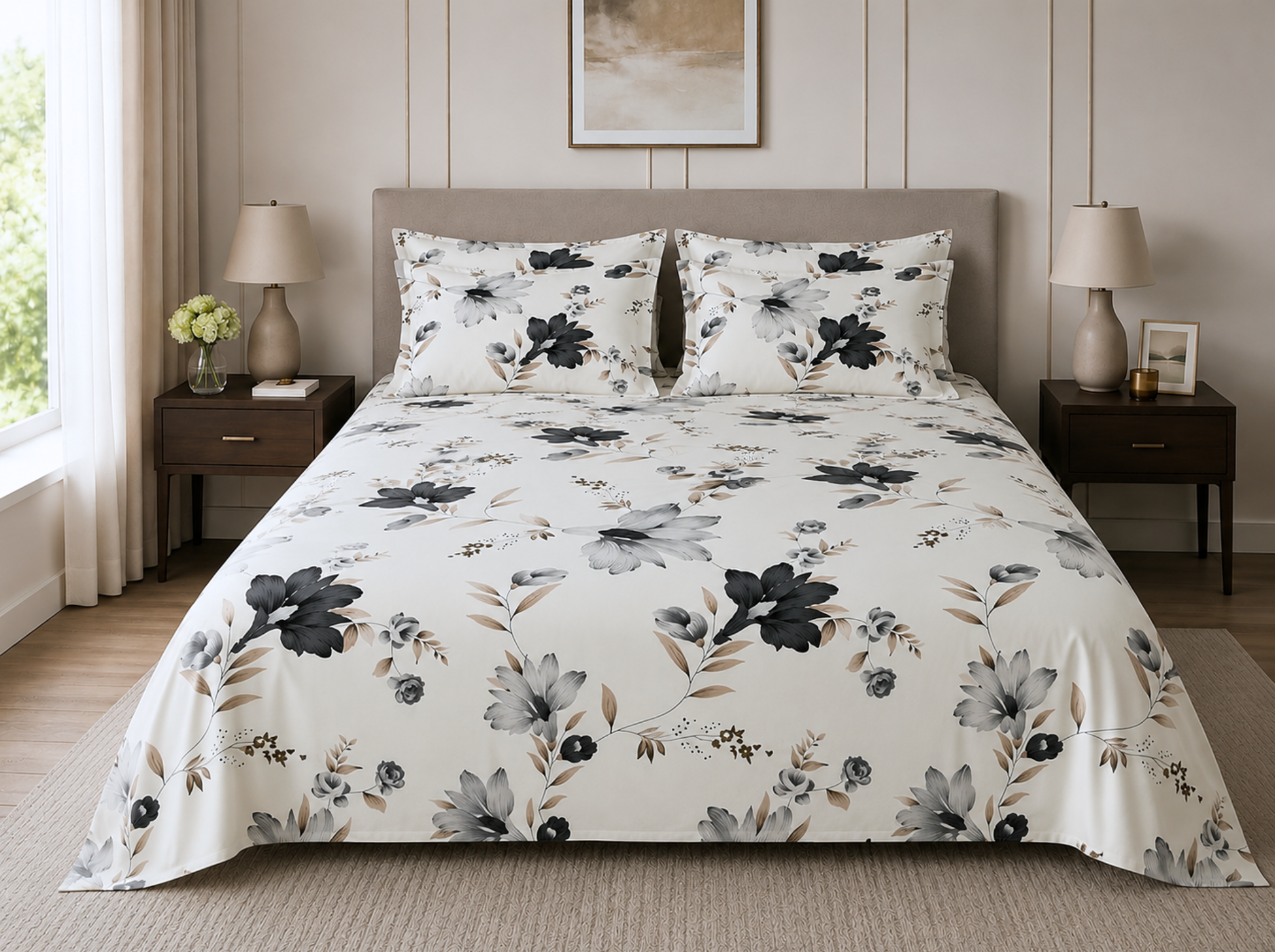 Noir Botanica - Urban Bloom Poly-Cotton Queen Size Bedsheet Set (90x100 Inches) with 2 Matching Pillow Covers - Wrinkle-Free Comfort