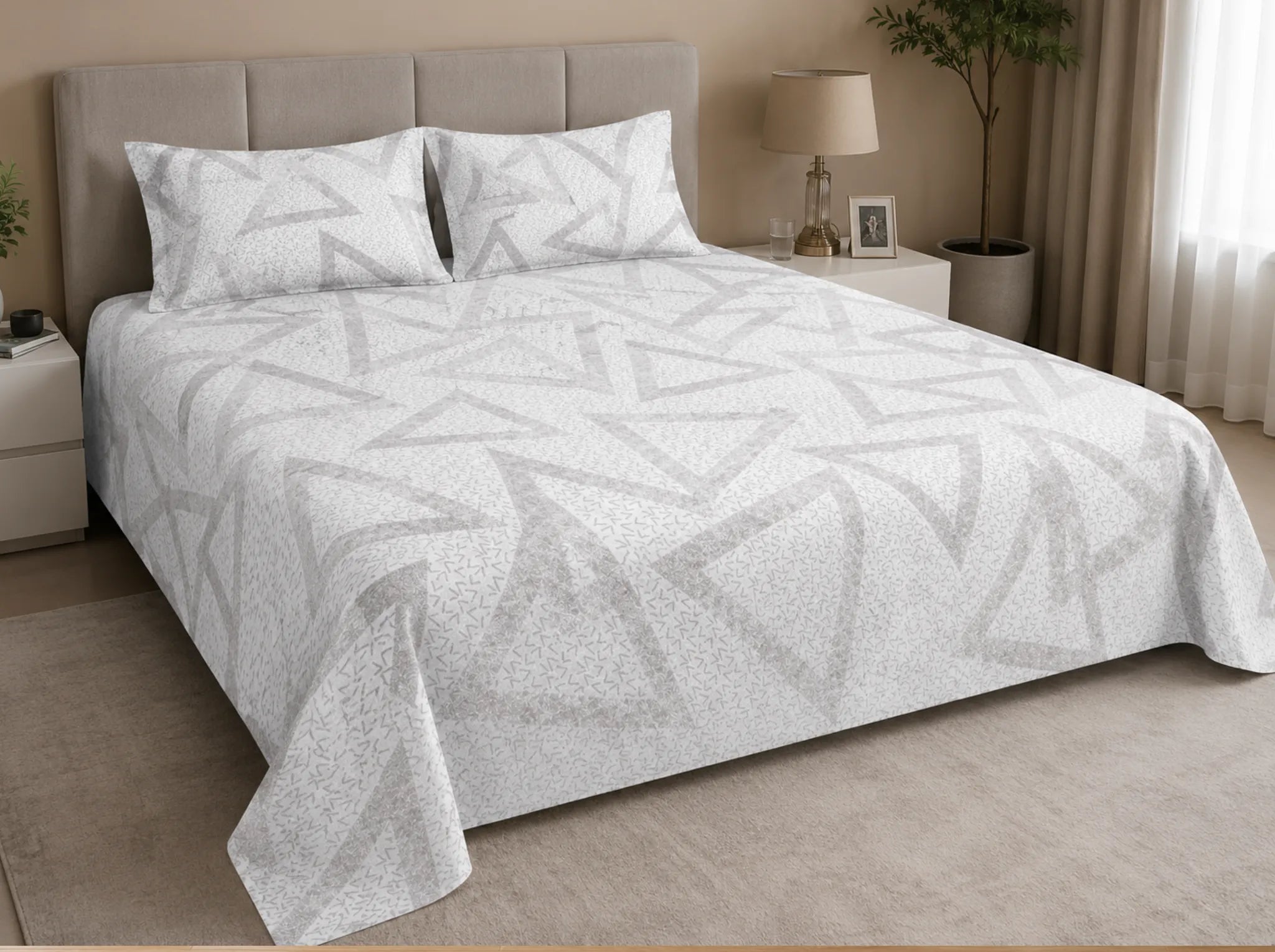 Pearl Mosaic - Linen & Loom Serenity Series Super King Size (108x108 inches) Double Bedsheet with 2 Pillow Covers || Soft Breathable Cotton Feel Bedding Set with Elegant Geometric Design || TC 240