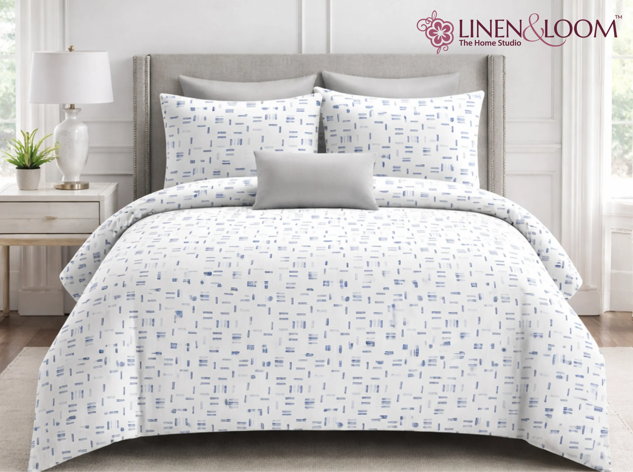 Oxford Pixel – White & Blue - Linen & Loom Serenity Series Super King Size (108x108 inches) Double Bedsheet with 2 Pillow Covers || Soft Breathable Cotton Feel Bedding Set with Elegant Geometric Design || TC 240