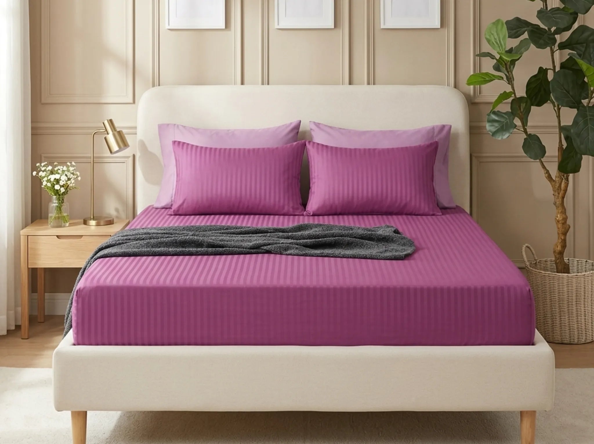 Rose Pink - Linen & Loom Elegance King Size 360° Fitted (72X78 + 9 inches) Elasticated Bedsheet | Elegant Satin Stripes | No-Slip Design | Snug, Secure Grip | Fits Upto 8 Inch Mattress | 200 TC