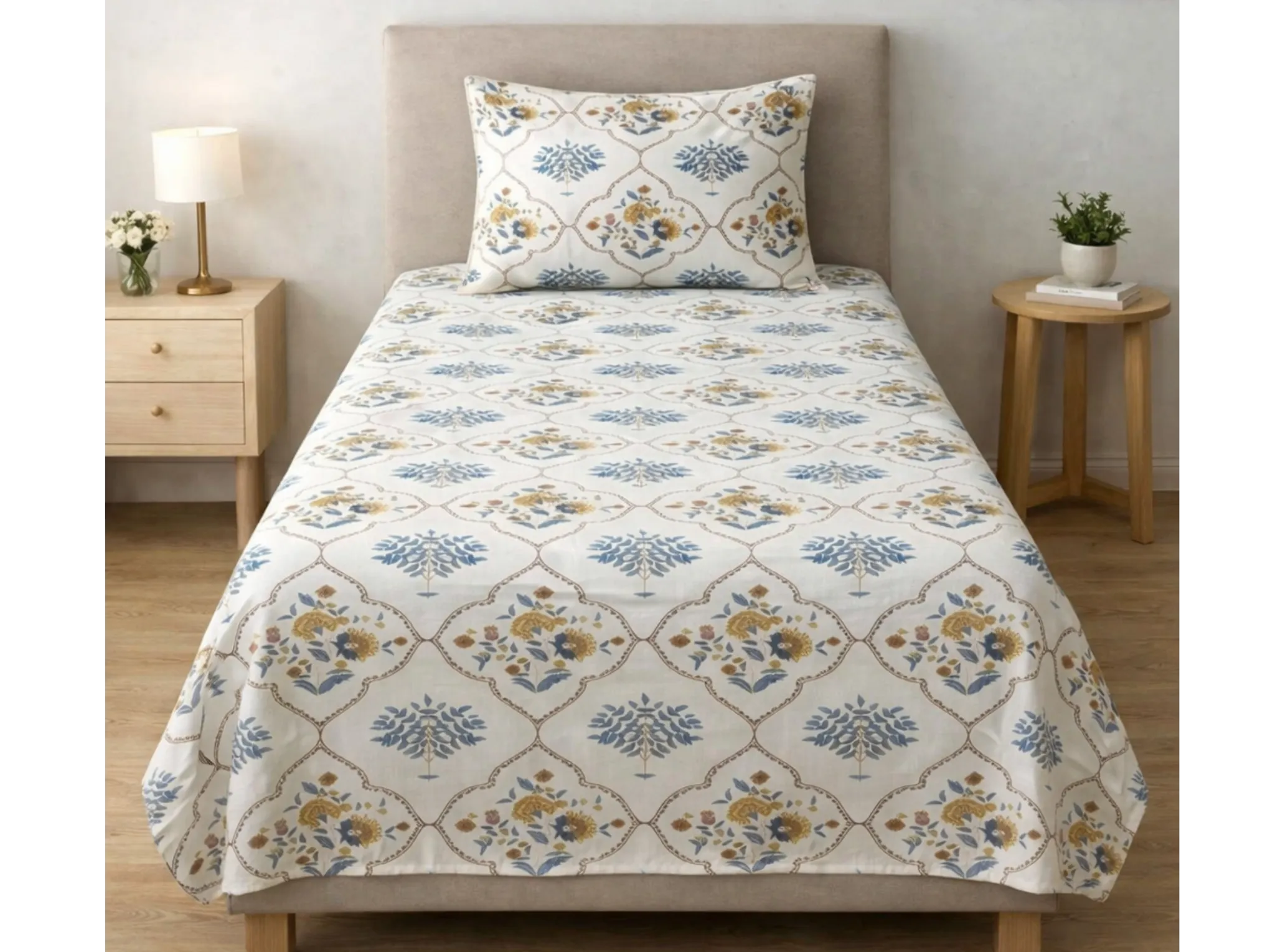 Maharani Bagh - Brown - Linen & Loom The Natural Collection - 100% Pure Cotton Single Bedsheet (60 x 90 Inches) with 1 Pillow Cover | 240 TC - Soft & Breathable Cotton Bed Sheet for Bedroom