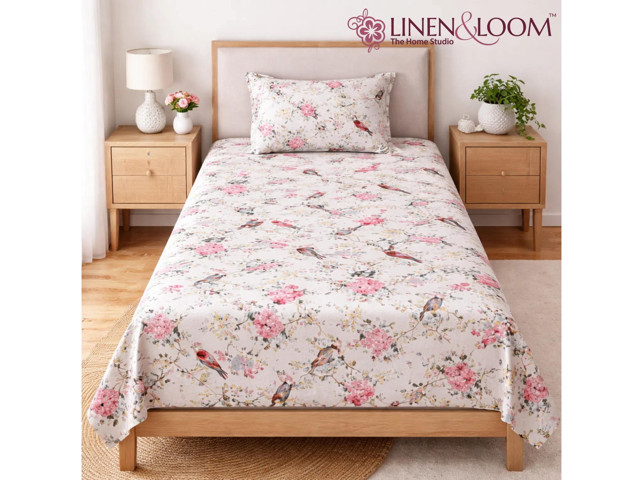 Pink Blossom Aviary - Linen & Loom The Natural Collection - 100% Pure Cotton Single Bedsheet (60 x 90 Inches) with 1 Pillow Cover | 240 TC - Soft & Breathable Cotton Bed Sheet for Bedroom