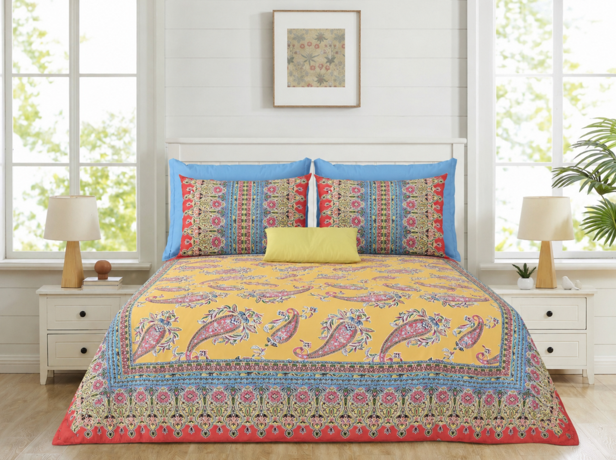 Rajwada Paisley-Yellow — Linen & Loom Maharani Motifs Premium 100% Pure Cotton King Size (90x108) Double Bed Bedsheet with 2 Pillow Covers || Floral Printed Elegant Bedroom Bedding Set || 240 TC