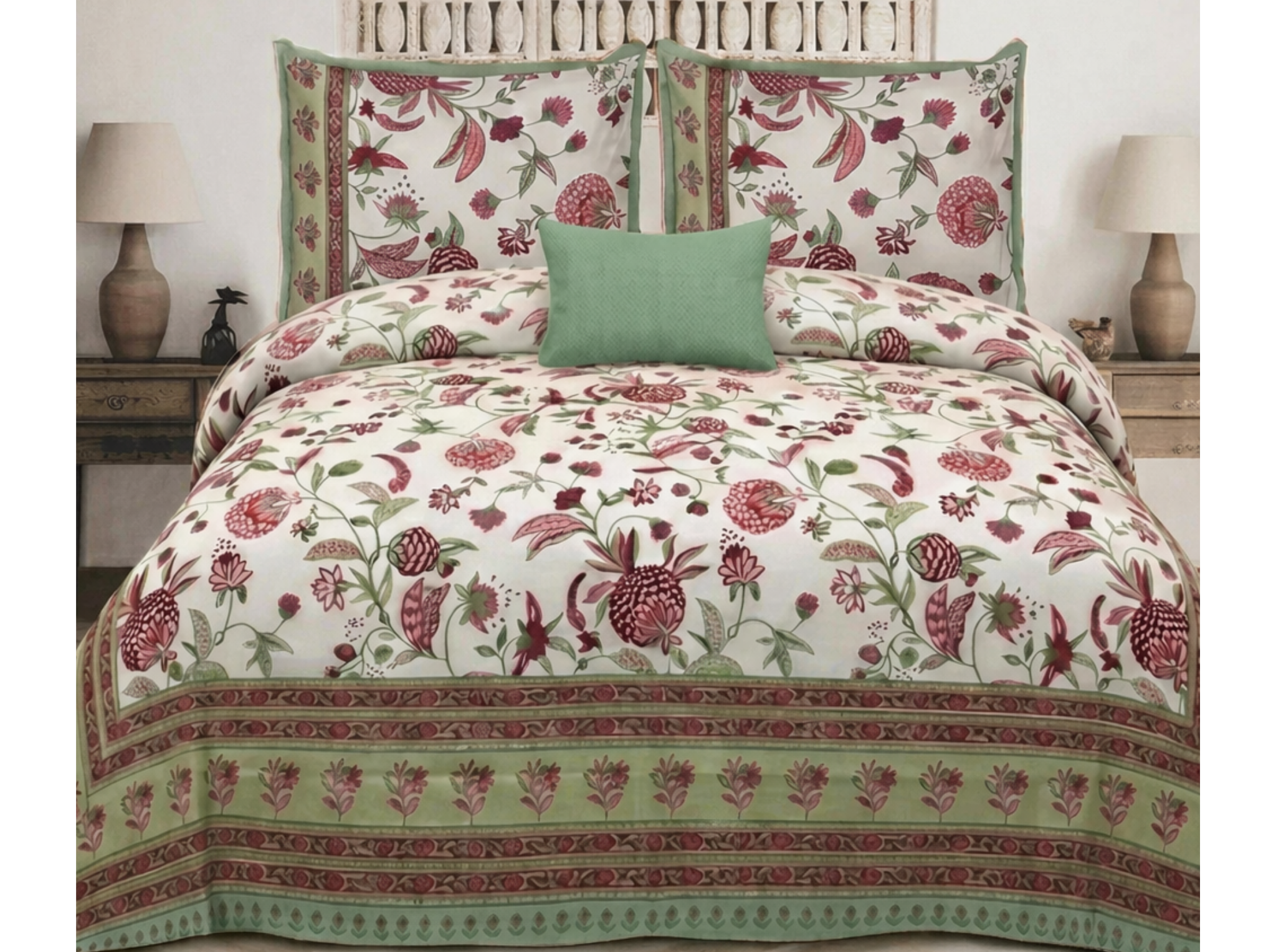 Firdaus Heritage - Red — Linen & Loom Maharani Motifs Premium 100% Pure Cotton King Size (90x108) Double Bed Bedsheet with 2 Pillow Covers || Floral Printed Elegant Bedroom Bedding Set || 240 TC