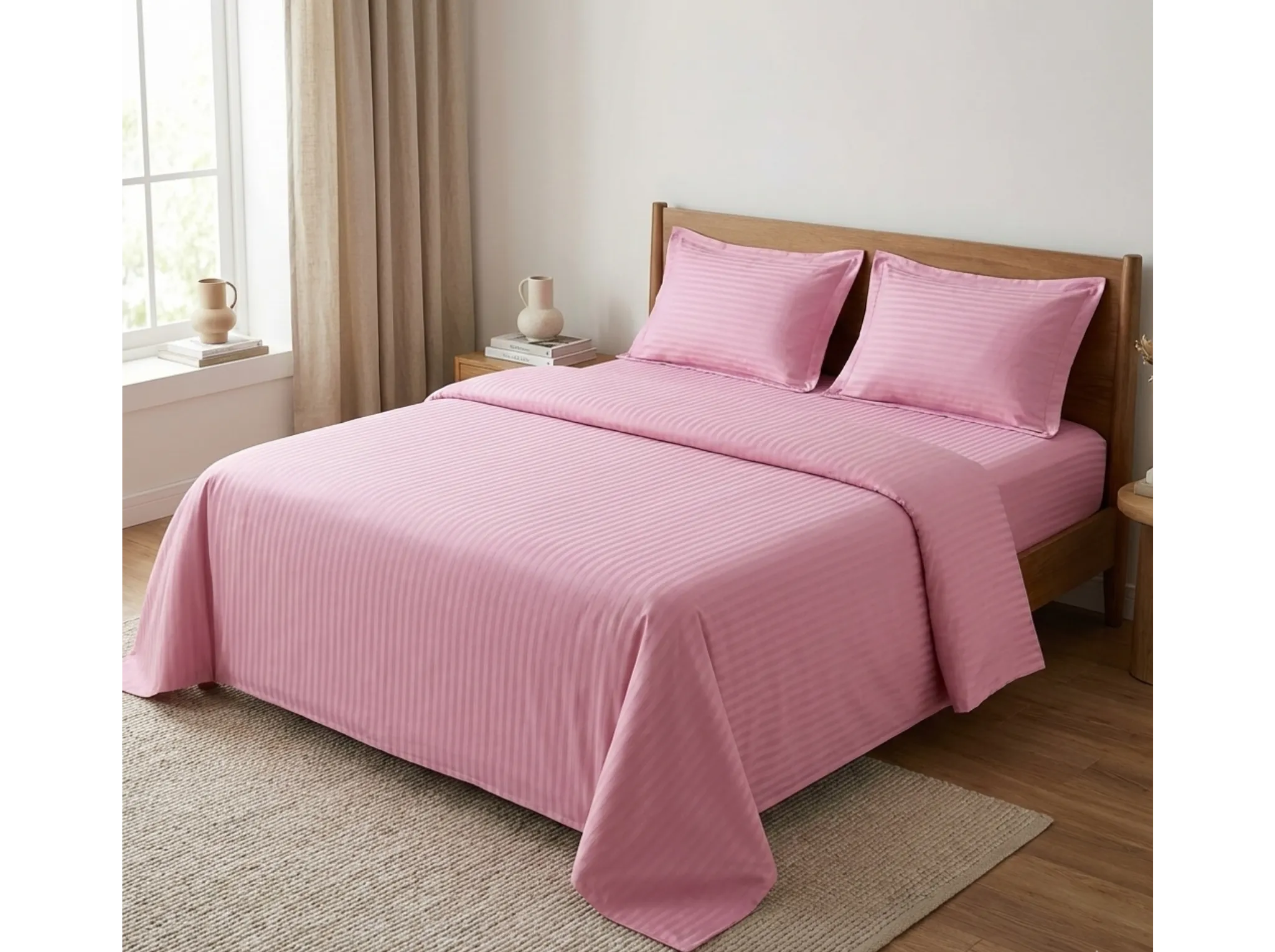 Pink - Linen & Loom Elegance Series Super King Size Bedsheet with 2 Pillow Covers | Luxury Striped Cotton Blend Bedsheet Set 200 TC | Soft, Breathable & Hotel-Style Finish (108 x 108 inches)