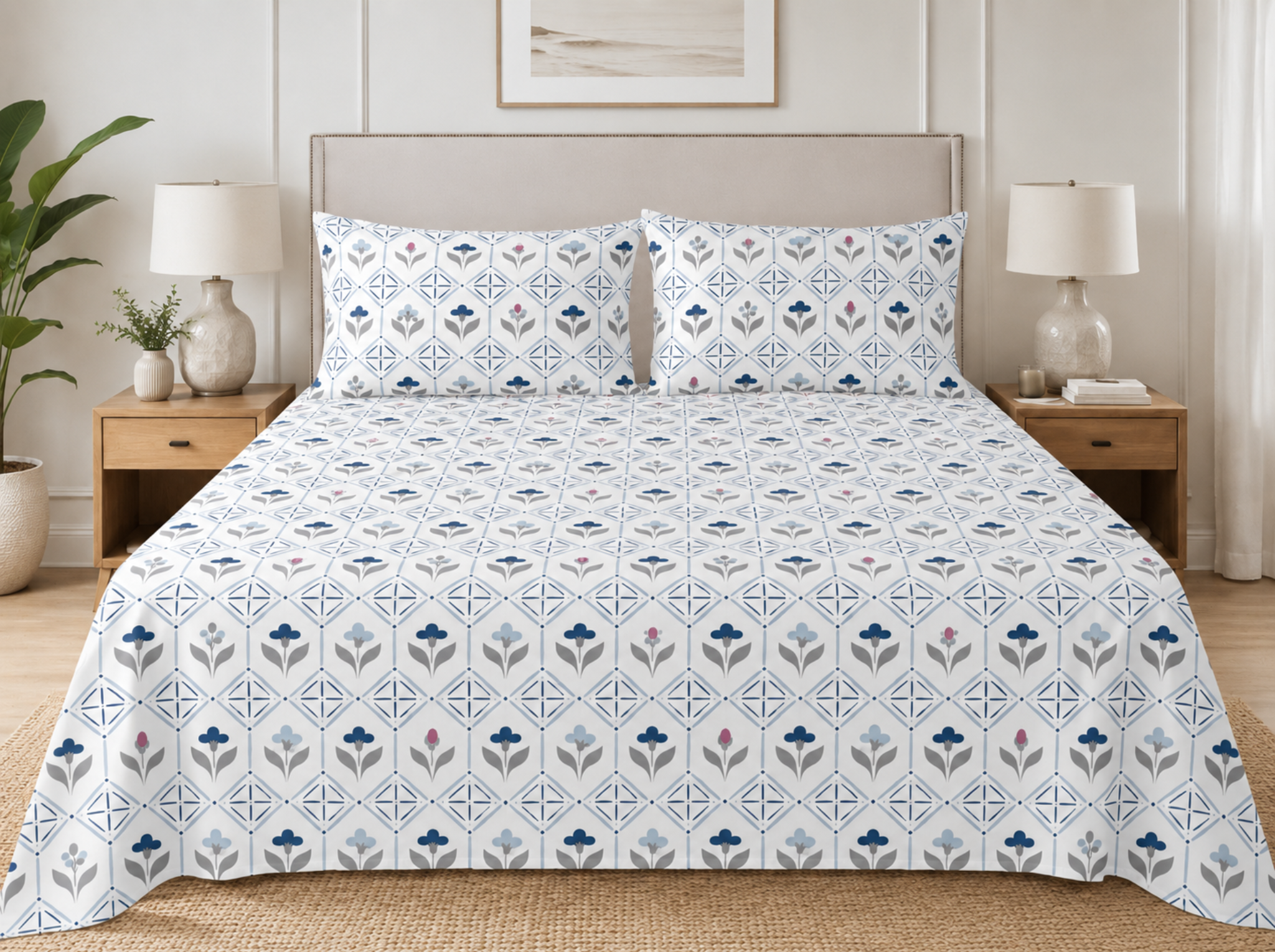 Nordic Bloom - Urban Bloom Poly-Cotton Queen Size Bedsheet Set (90x100 Inches) with 2 Matching Pillow Covers - Wrinkle-Free Comfort