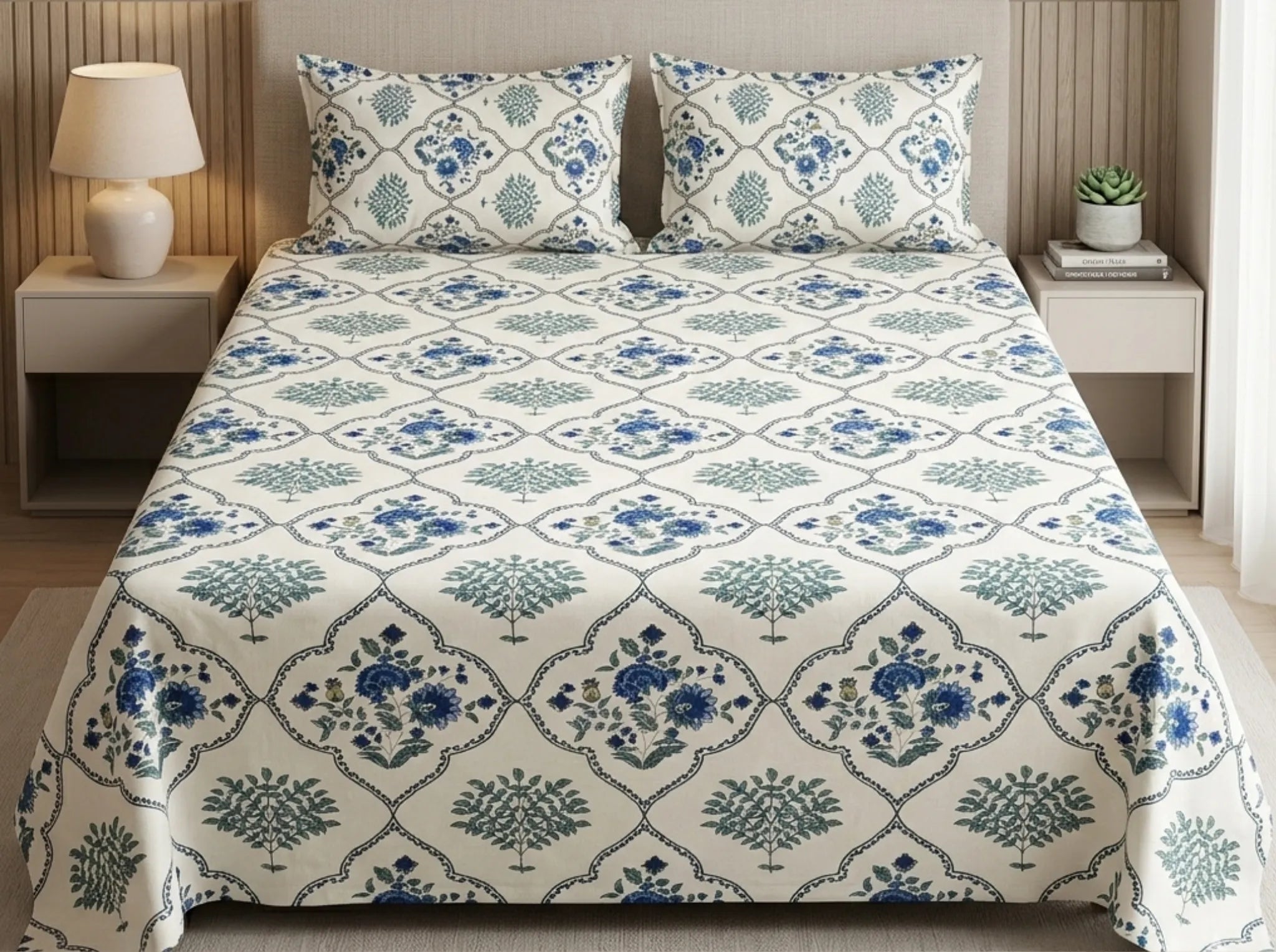 Maharani Bagh - Blue - Linen & Loom Natural Collection - Super King (100x108) 100% Pure Cotton Bedsheet with 2 Pillow Covers | Soft Breathable Bedspread for Home Decor | TC 240