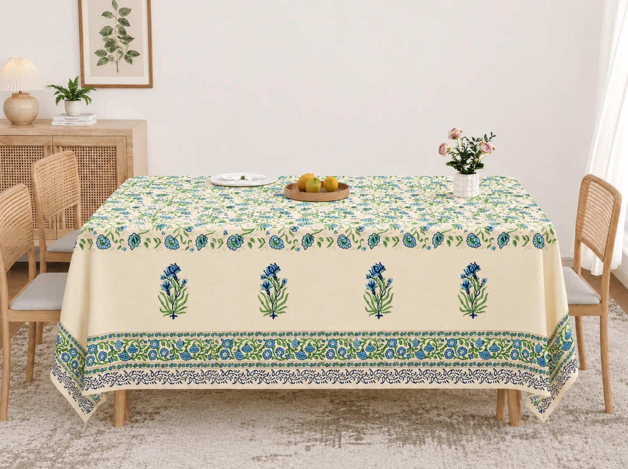 Jaipur Azure - Linen & Loom Rajwada Heritage 6-Seater Table Cover | 100% Premium Cotton Slub | 200 TC | 160 GSM | 1.5 x 2.25 Meters