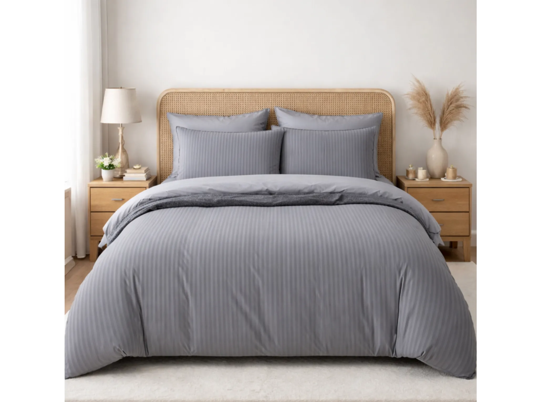 Grey - Linen & Loom Elegance Series Super King Size Bedsheet with 2 Pillow Covers | Luxury Striped Cotton Blend Bedsheet Set 200 TC | Soft, Breathable & Hotel-Style Finish (108 x 108 inches)