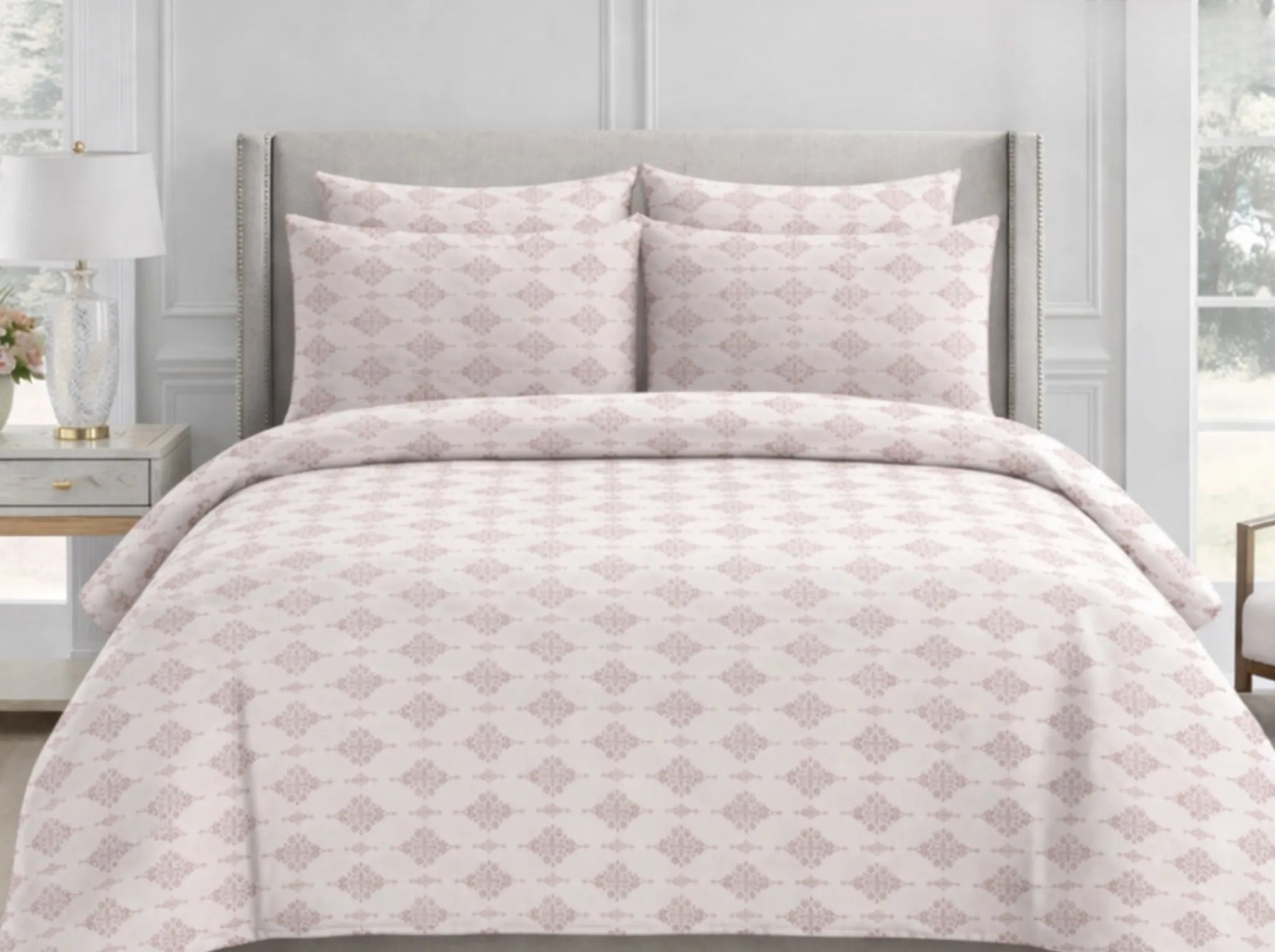Ivory Geometry - Linen & Loom Serenity Series Super King Size (108x108 inches) Double Bedsheet with 2 Pillow Covers || Soft Breathable Cotton Feel Bedding Set with Elegant Geometric Design || TC 240